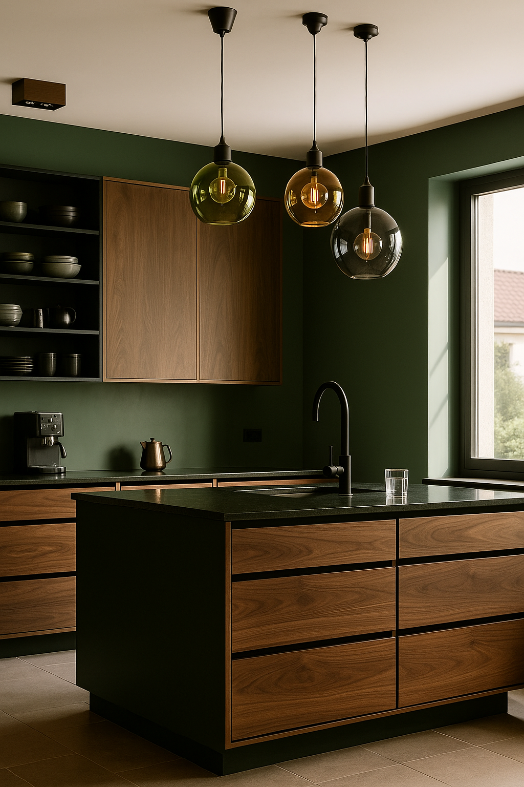 Modern kitchen with green walls, wooden cabinets, a black countertop, and a central island. Three pendant lights with colored glass shades hang above, and there is a window letting in natural light.