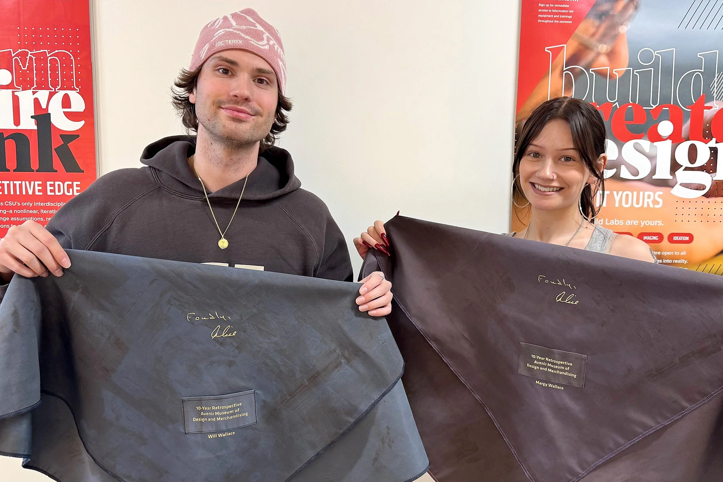 Students with fabric.