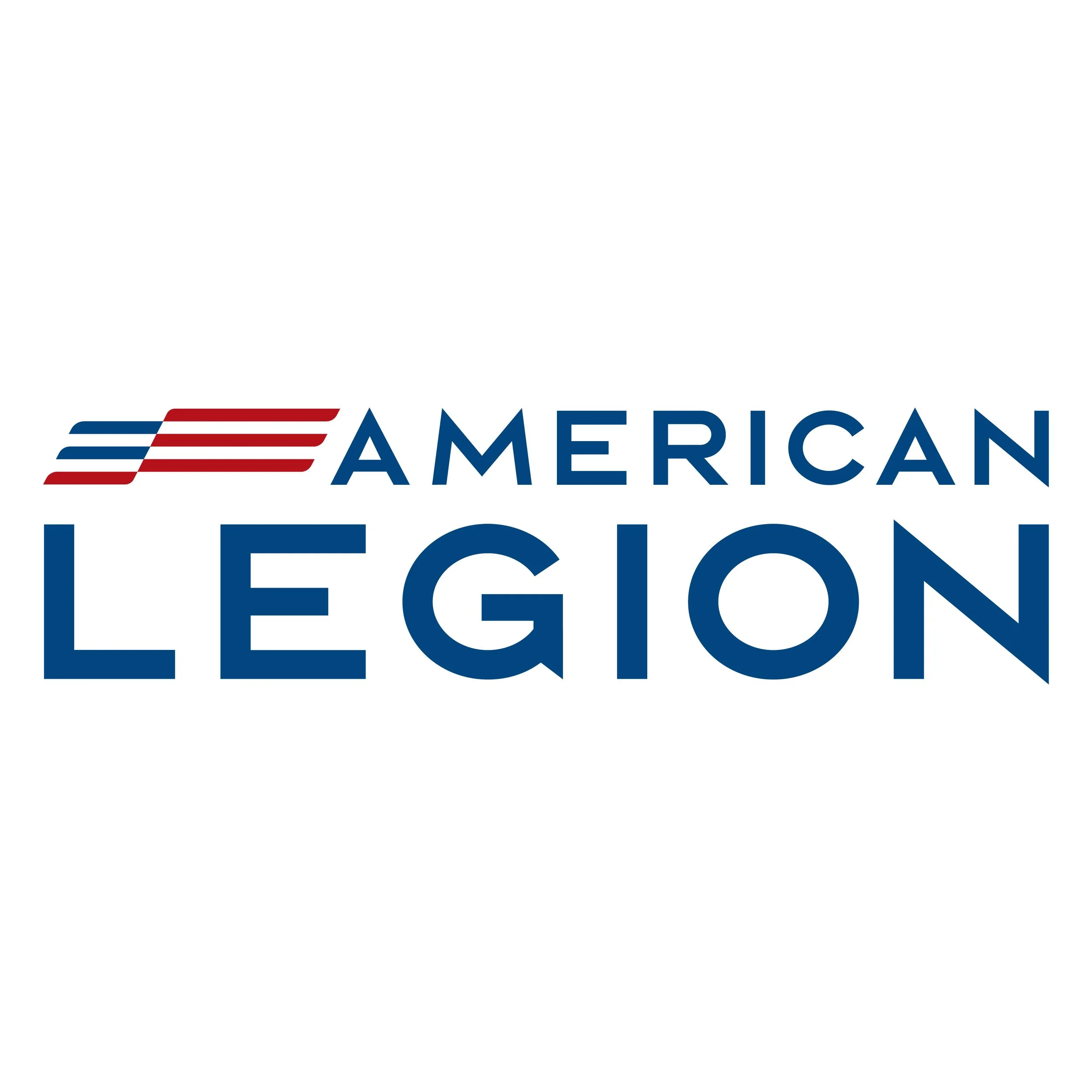 Logo of American Legion with stylized American flag and bold blue text.