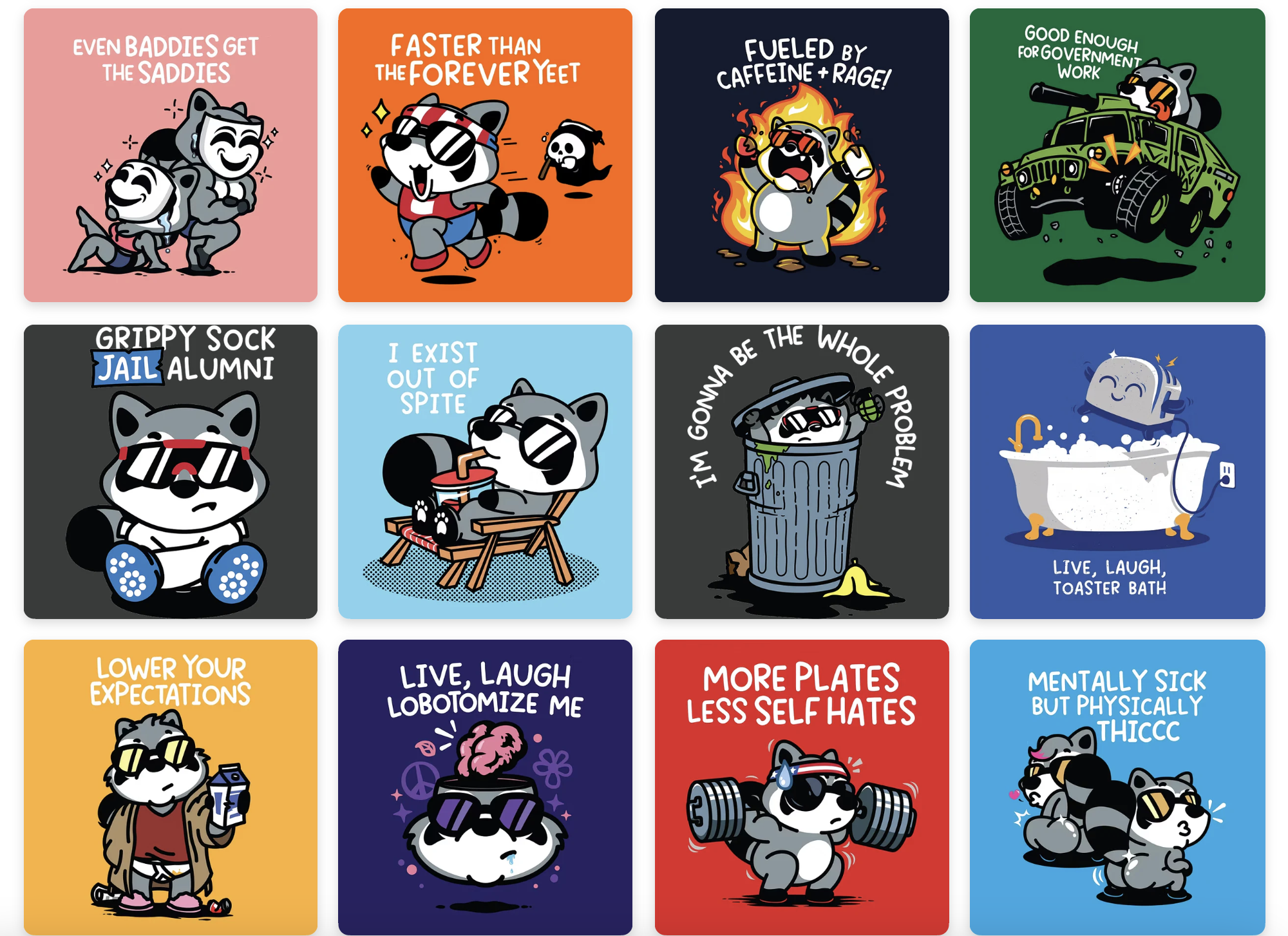 A collection of thirteen cartoon illustrations of a raccoon character in various humorous situations with vibrant backgrounds and captions.