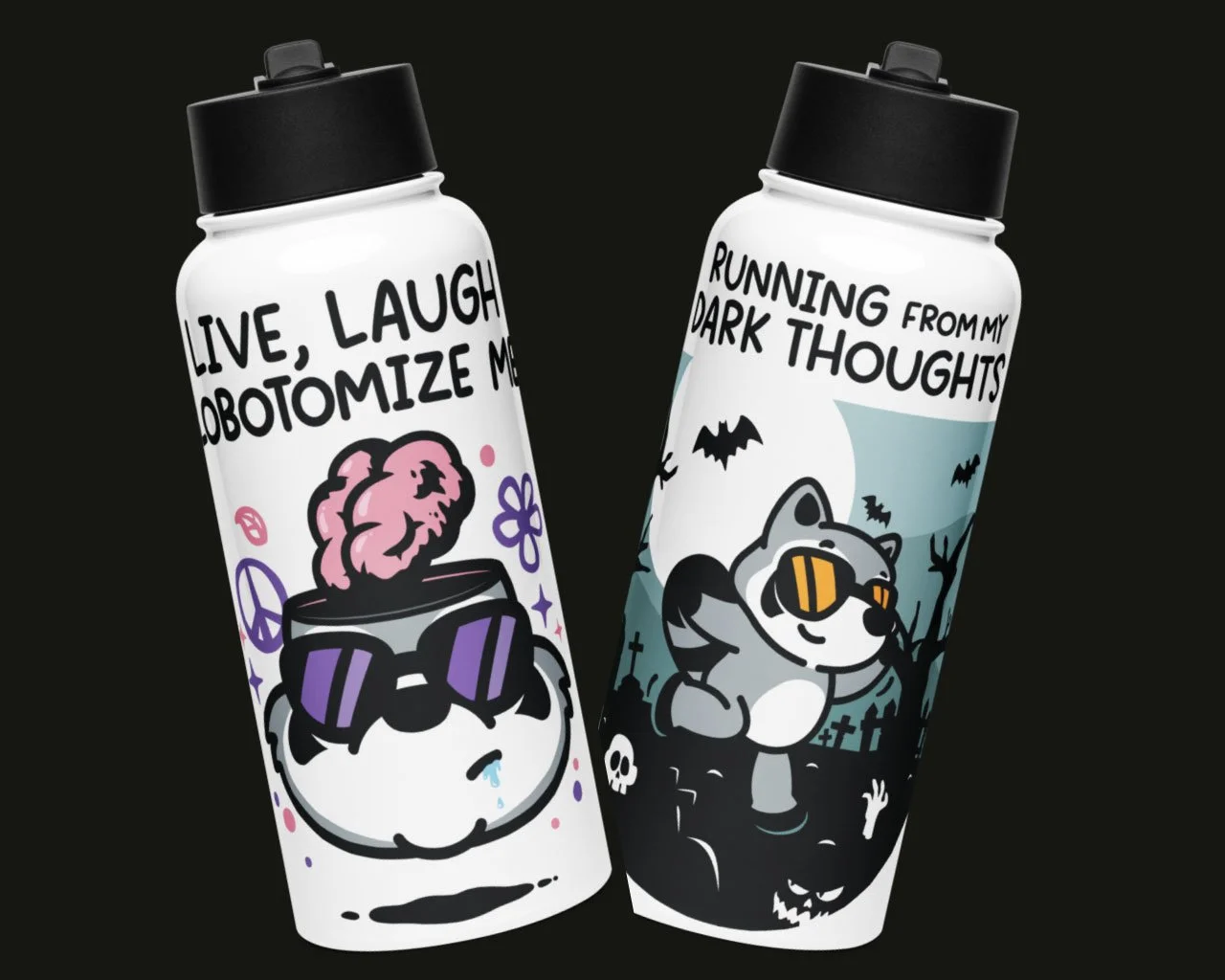Illustrated water bottles with spooky and humorous designs, one featuring a brain and brain-themed character with sunglasses, and the other with a cat wearing sunglasses in a graveyard with bats and a full moon.