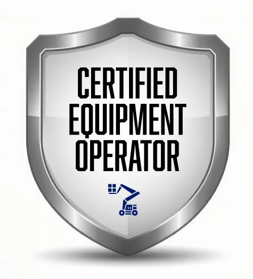Shield-shaped badge with the text 'Certified Equipment Operator' and a small icon of a construction crane.