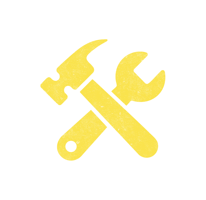 A yellow hammer and wrench crossed against a black background, symbolizing expert product installation of impact-resistant hurricane windows and doors in Tampa Bay, Pinellas County, Pasco, and more businesses and homes..