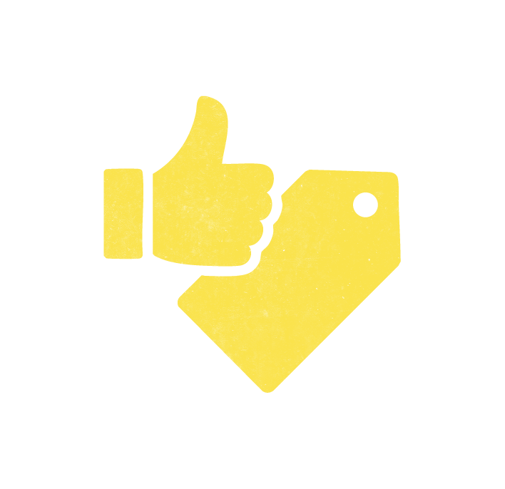 Yellow hand giving a thumbs up gesture paired with a yellow price tag, all on a black background symbolizing considerate and prompt pricing of impact-resistant hurricane windows and doors in Tampa Bay, Pinellas County, Pasco, and more.