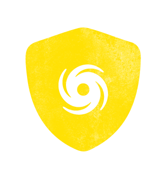 Icon of a hurricane on a shield representing safety in category 5 storms with impact windows and doors in the Tampa Bay area