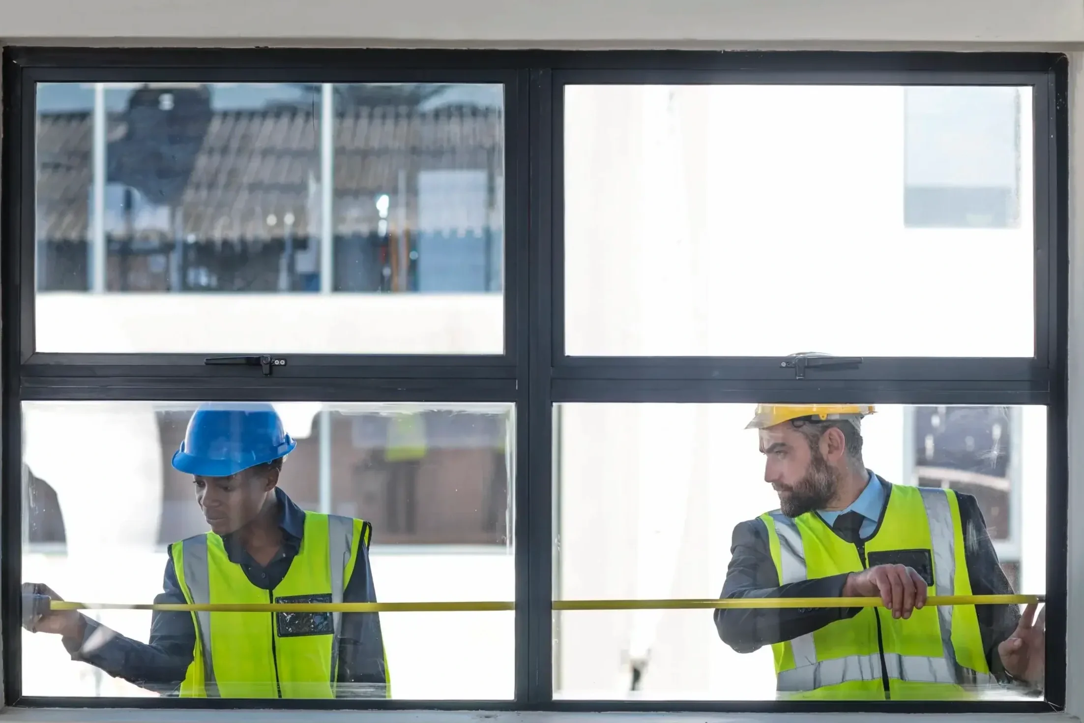 Two construction workers in yellow safety vests and hard hats, one blue and one yellow, seen through a window. They appear to be measuring or installing impact windows and doors in Pinellas County