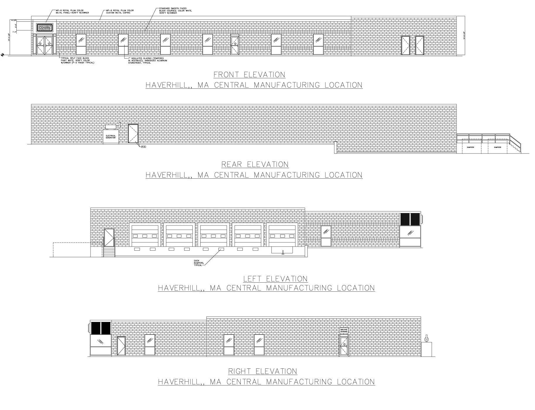 Architectural blueprint shows front, rear, left, and right elevations of a brick building labeled "Haverhill, MA Central Manufacturing Location," with details of doors, windows, garage bays, stairs, and utility structures.
