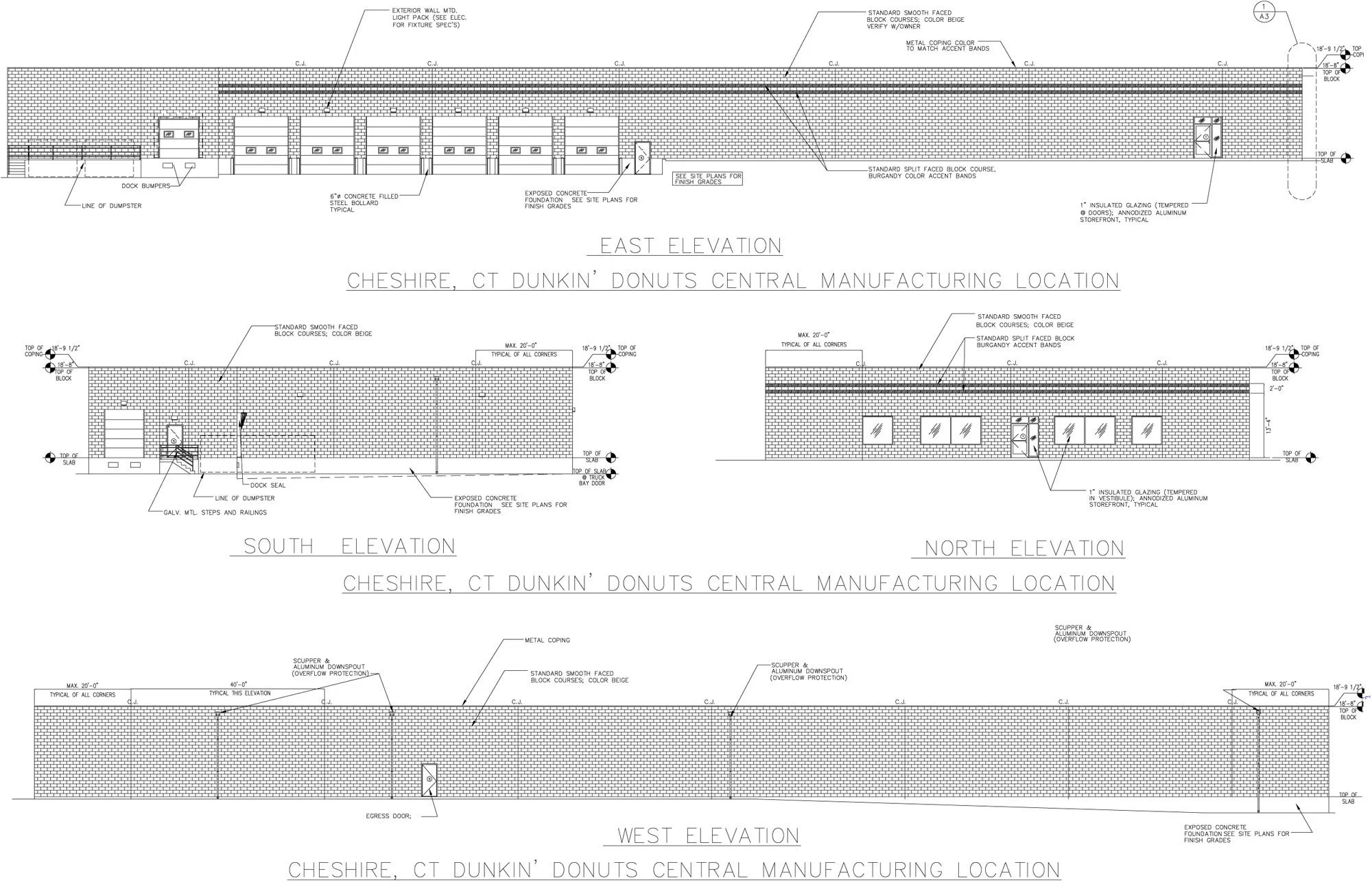 Engineering drawing of a building elevation plan for Dunkin' Donuts in Cheshire, CT, including east, south, north, and west views with measurements, construction details, brickwork, windows, doors, and roof specifications.