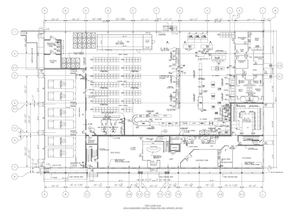 Detailed architectural floor plan of a commercial building, showing various rooms, offices, and facilities with measurements and labels.