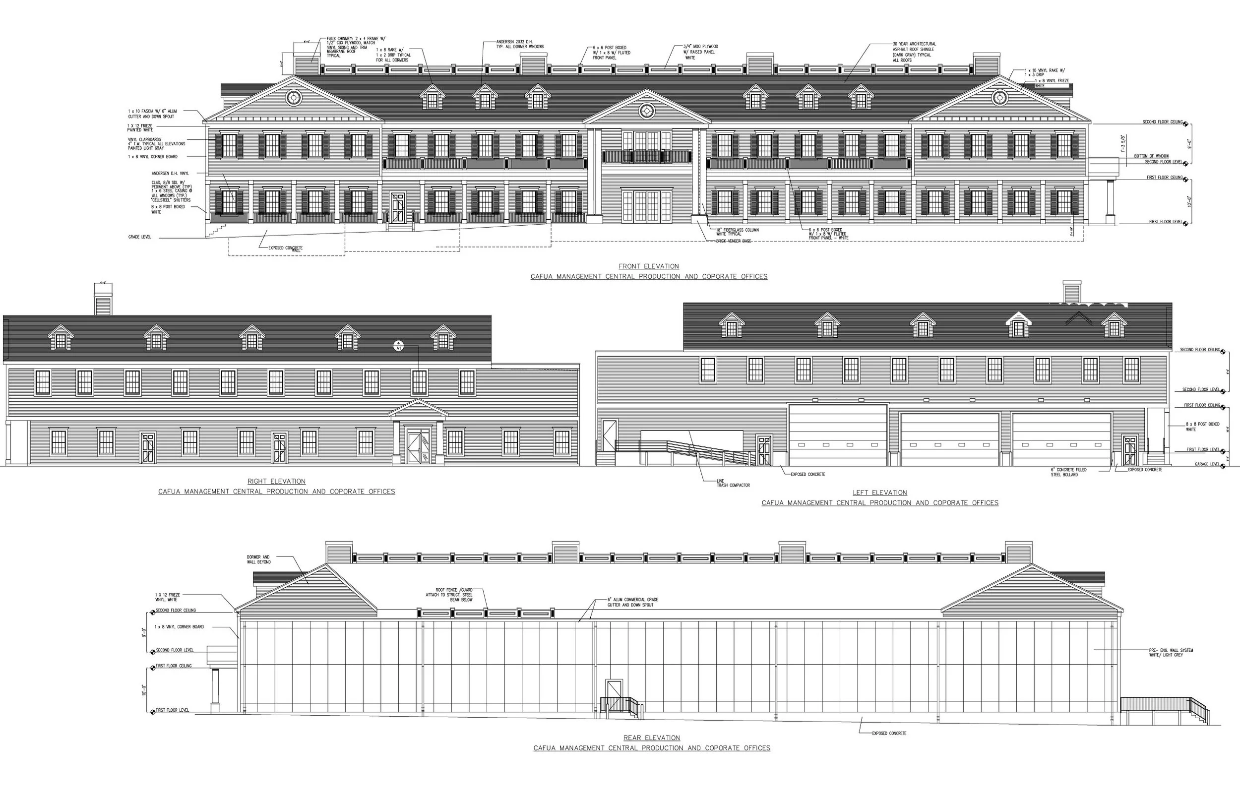 Architectural blueprint of a multi-story office building, showing front, right, left, and rear elevations with detailed notes on construction and materials.