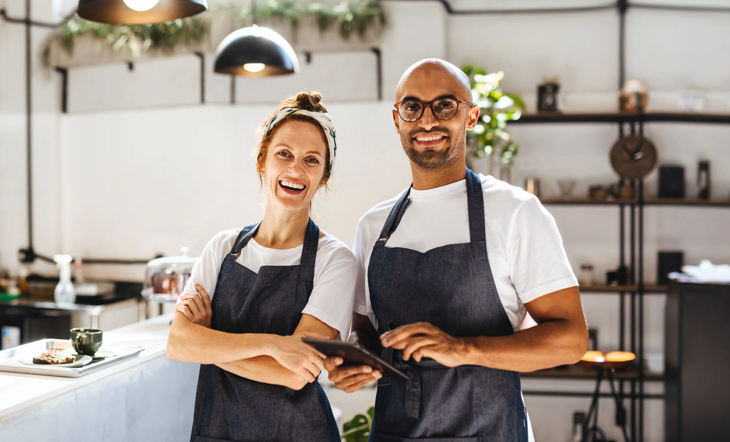 Smiling man and woman standing together in a modern kitchen, both wearing aprons, with kitchen shelves and plants in the background.