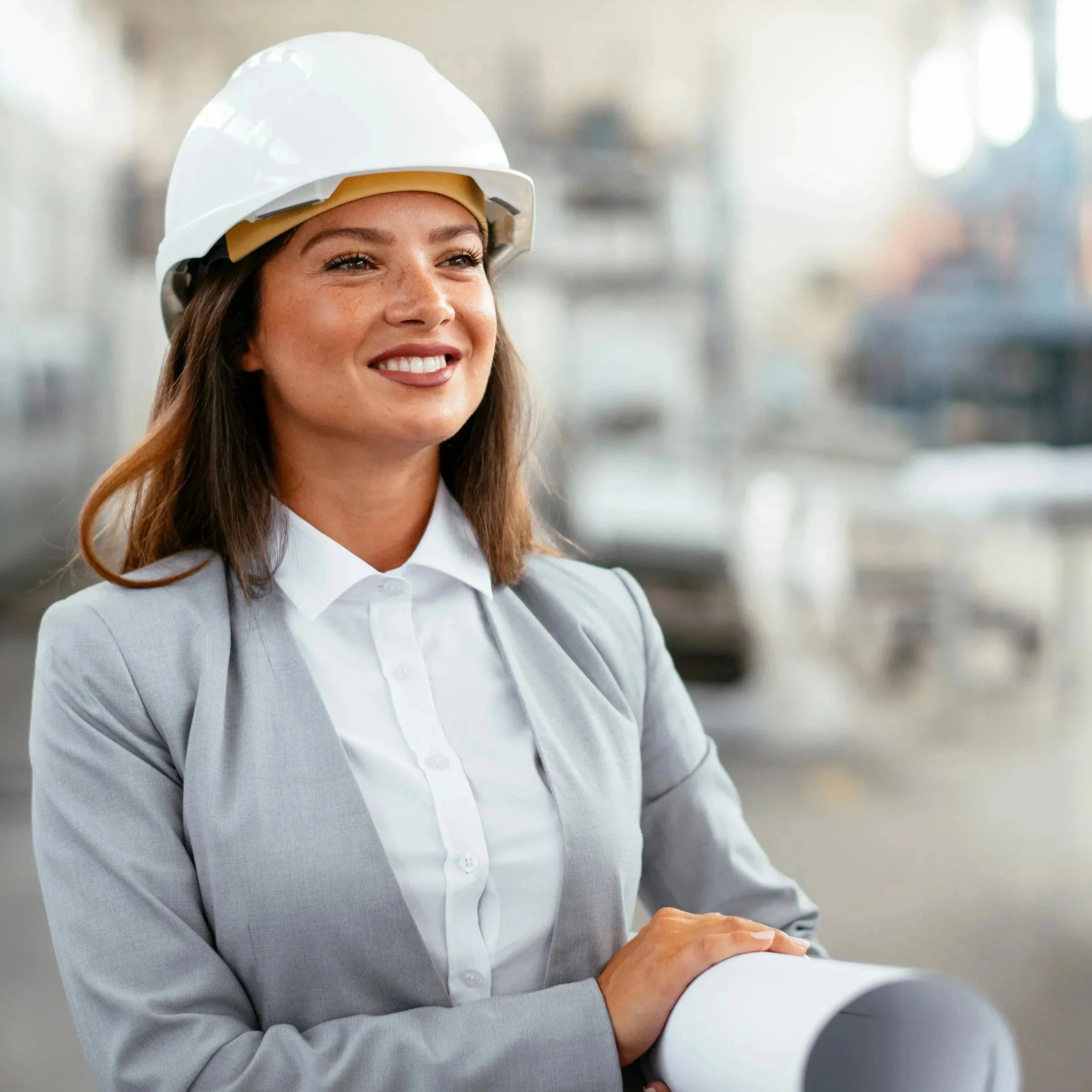 A woman in a white hard hat and gray blazer, smiling and holding rolled-up blueprints, standing in an industrial or construction setting.