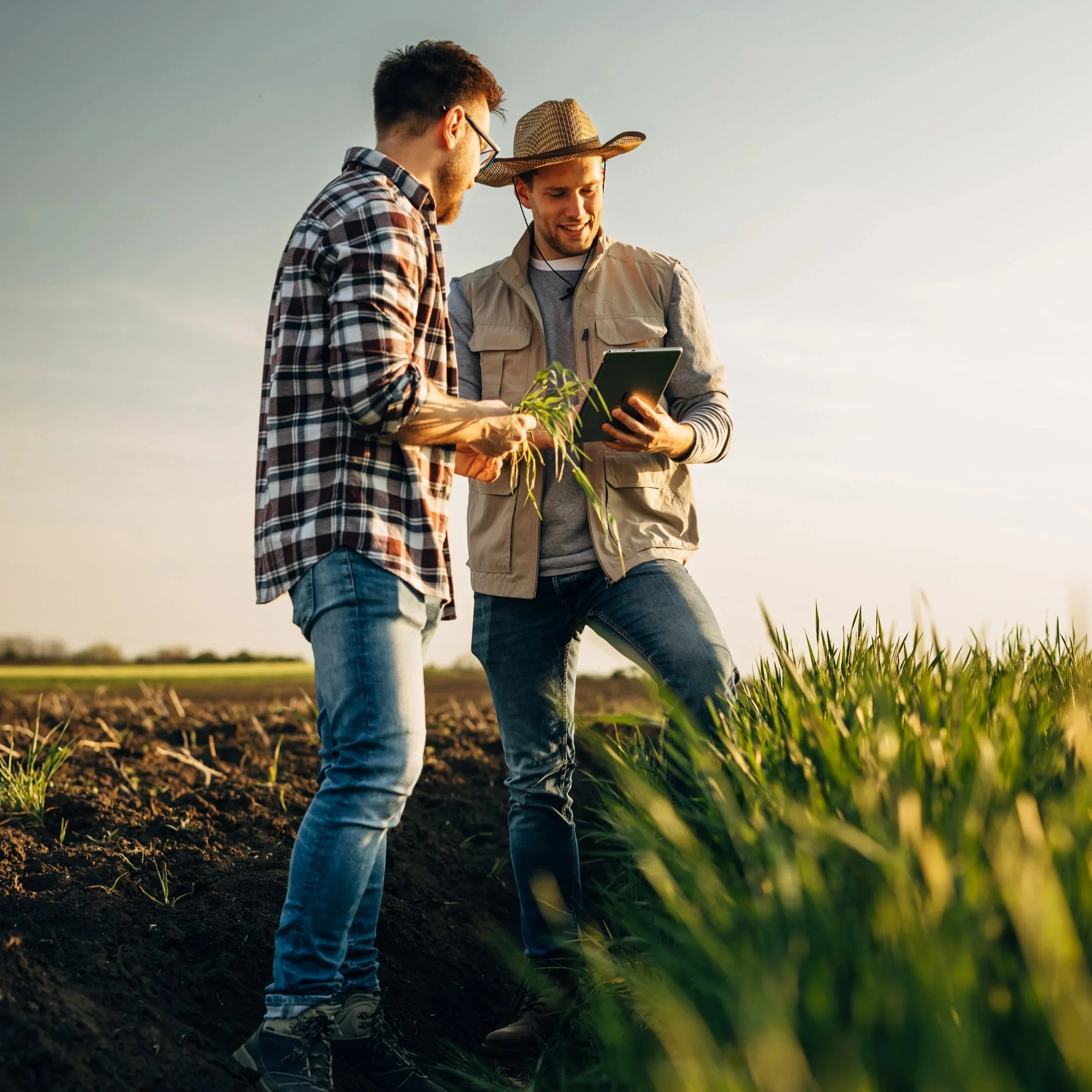 Two men stand in a field during sunset, examining a plant and on a tablet, one wearing a plaid shirt and the other a straw hat and vest.