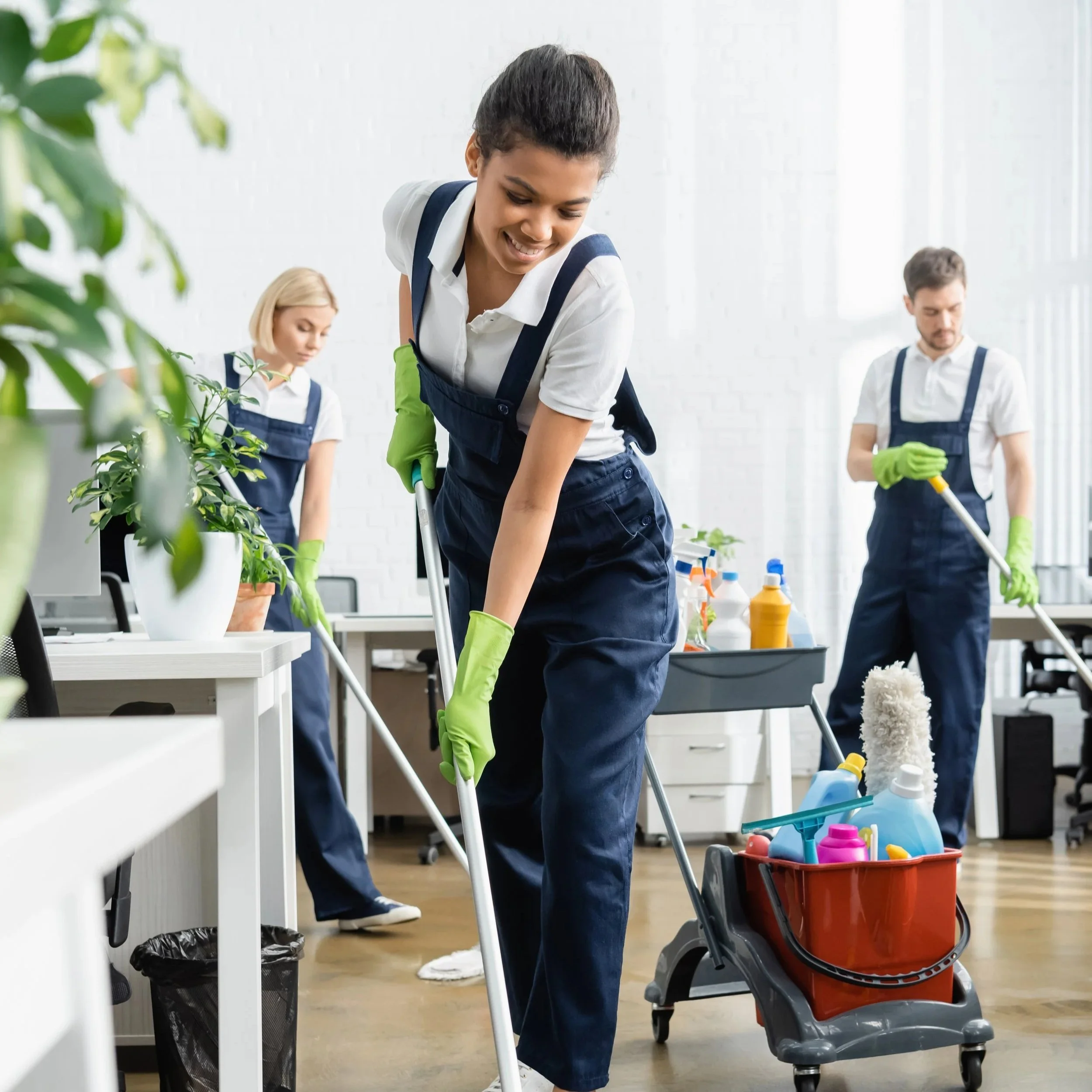 Three people in uniforms cleaning an office with mops and cleaning supplies, wearing bright green gloves.
