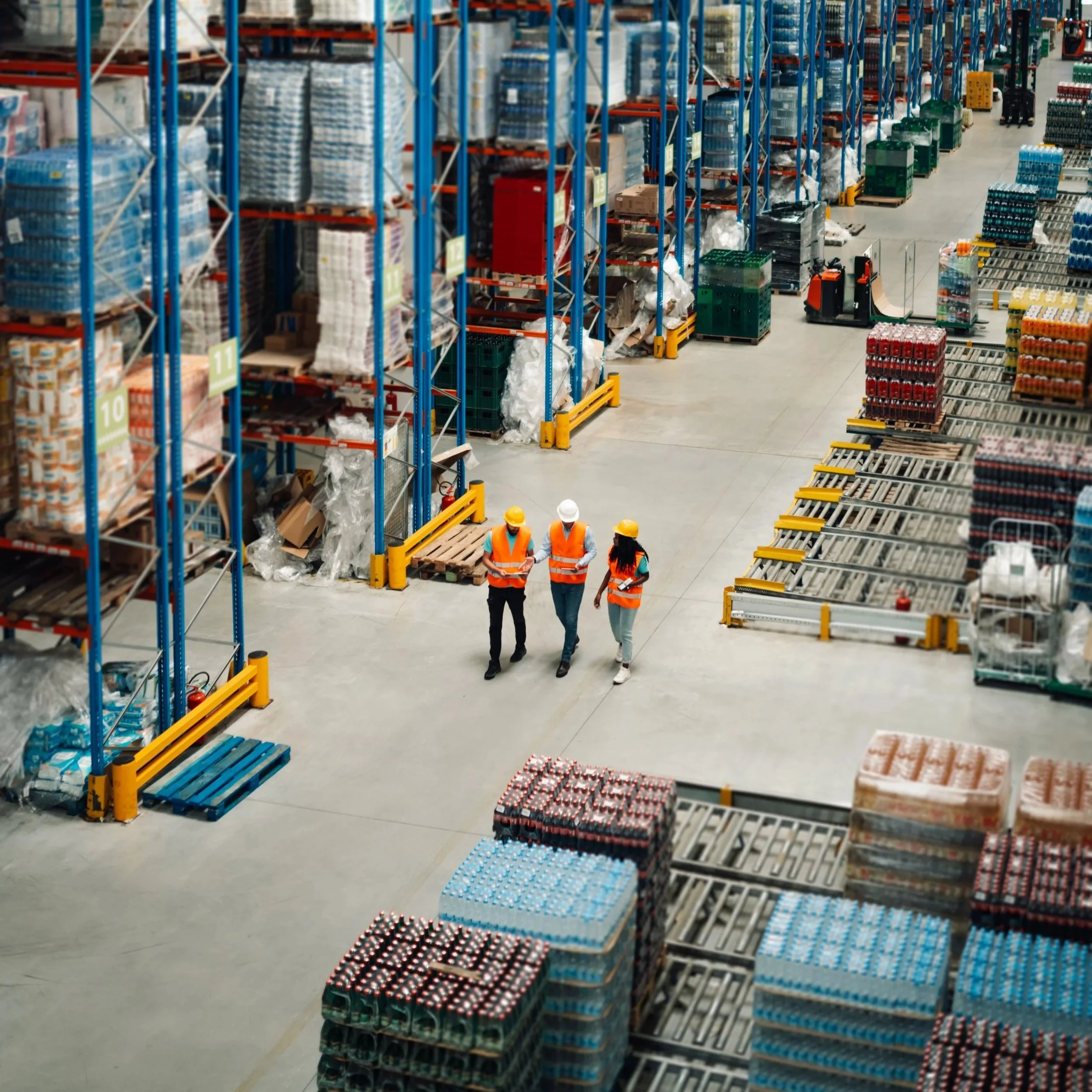 Three workers wearing safety vests and helmets walking through a large warehouse with tall shelves stocked with pallets of bottled drinks and supplies.