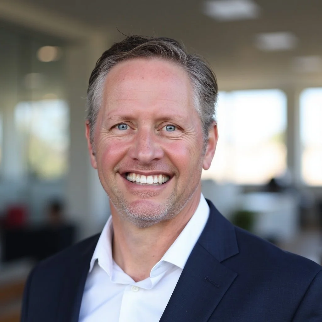 A smiling middle-aged man with light hair and blue eyes, wearing a dark blazer and white shirt, in an office setting.