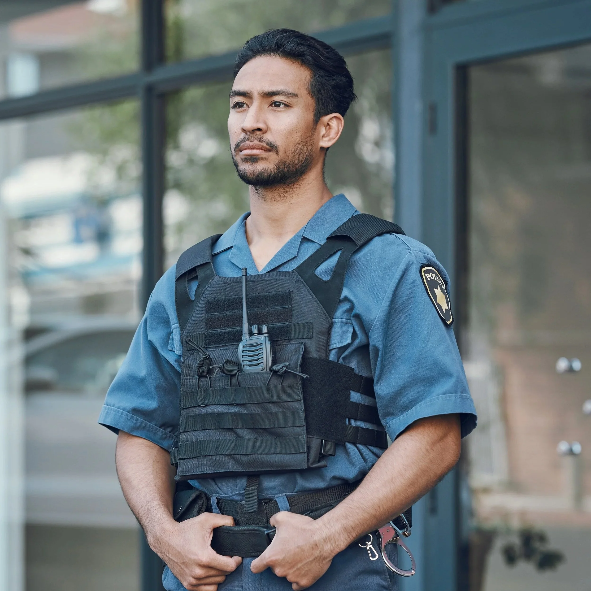 A police officer standing outdoors in front of a building, wearing a blue uniform with a badge on the shoulder, a tactical vest, and a radio.