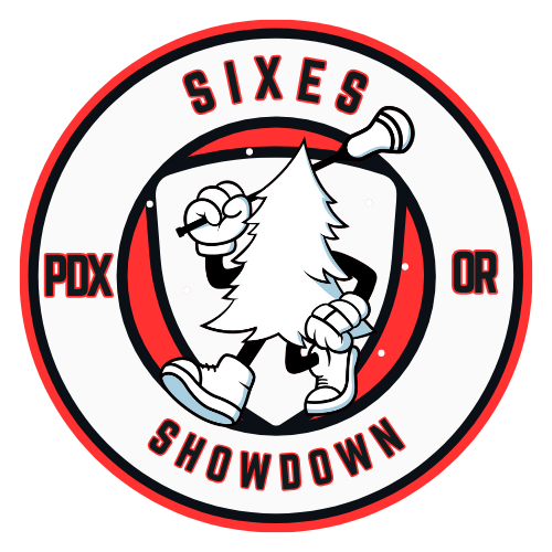 Logo of Sixes Showdown featuring a cartoon pine tree wearing a golf glove, holding a golf club, and standing in front of a circular background with the words 'Sixes Showdown' and 'PDX OR'.