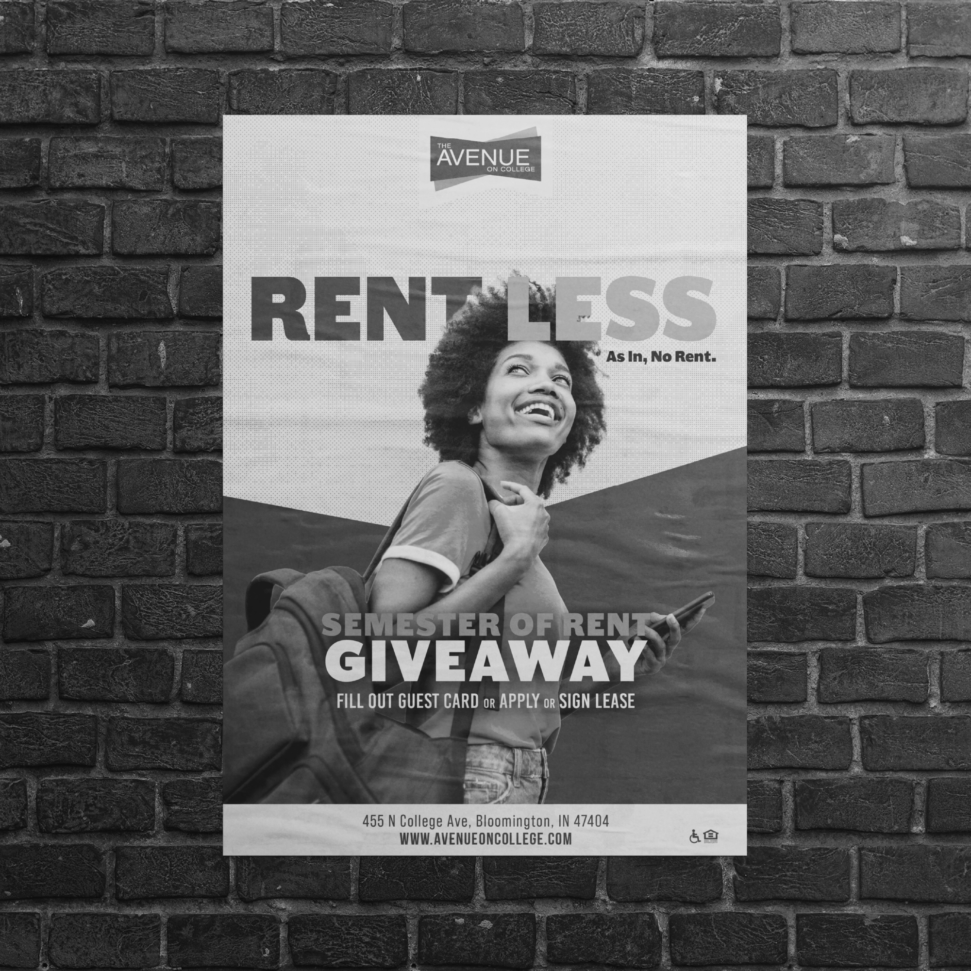Black and white flyer on a brick wall advertising a year-end giveaway at The Avenue on College in Bloomington, Indiana. The flyer features a smiling woman with curly hair, and details on how to participate, including filling out a guest card, applyin