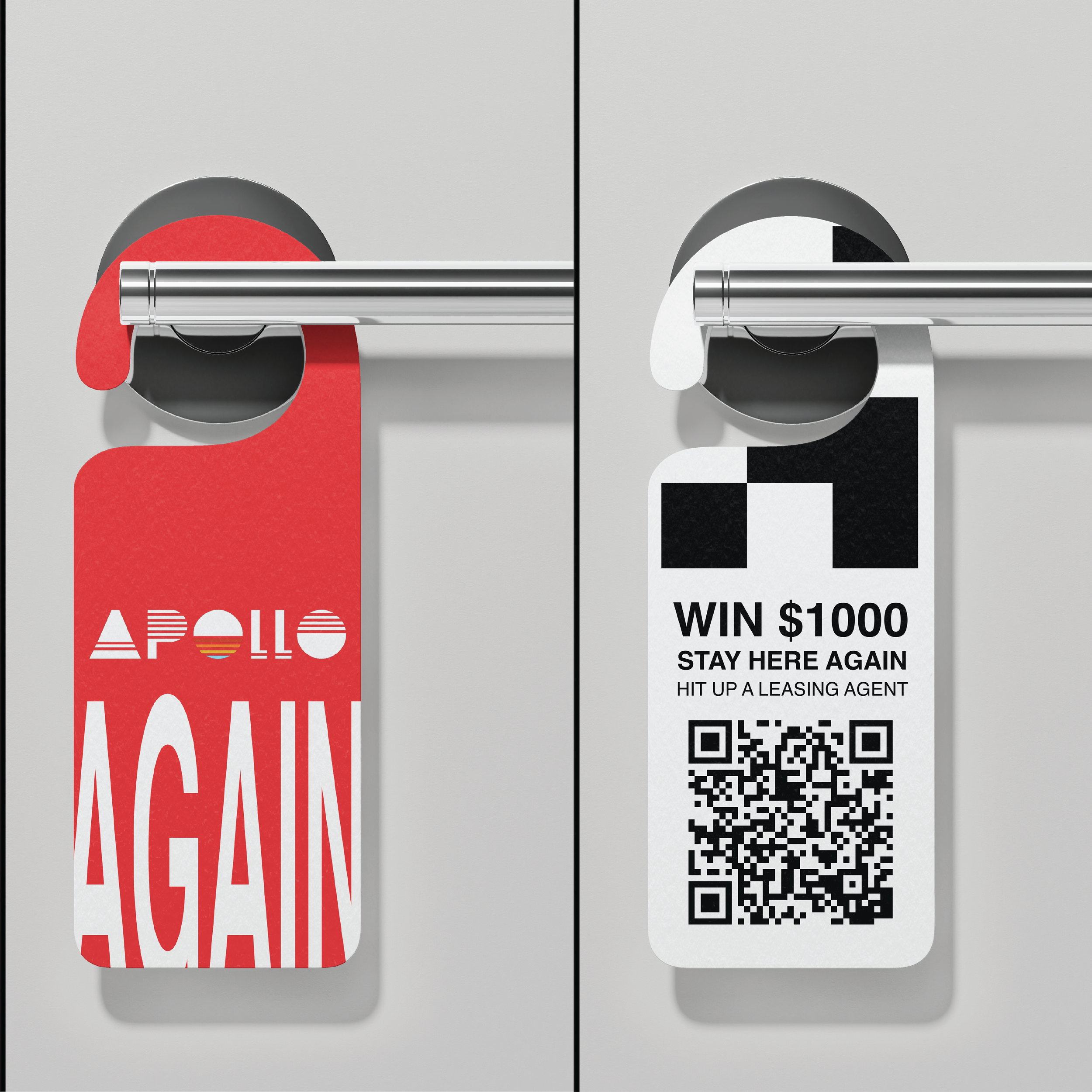Door hanger designed for high visibility and quick engagement, featuring bold typography and a scannable QR for direct conversion.