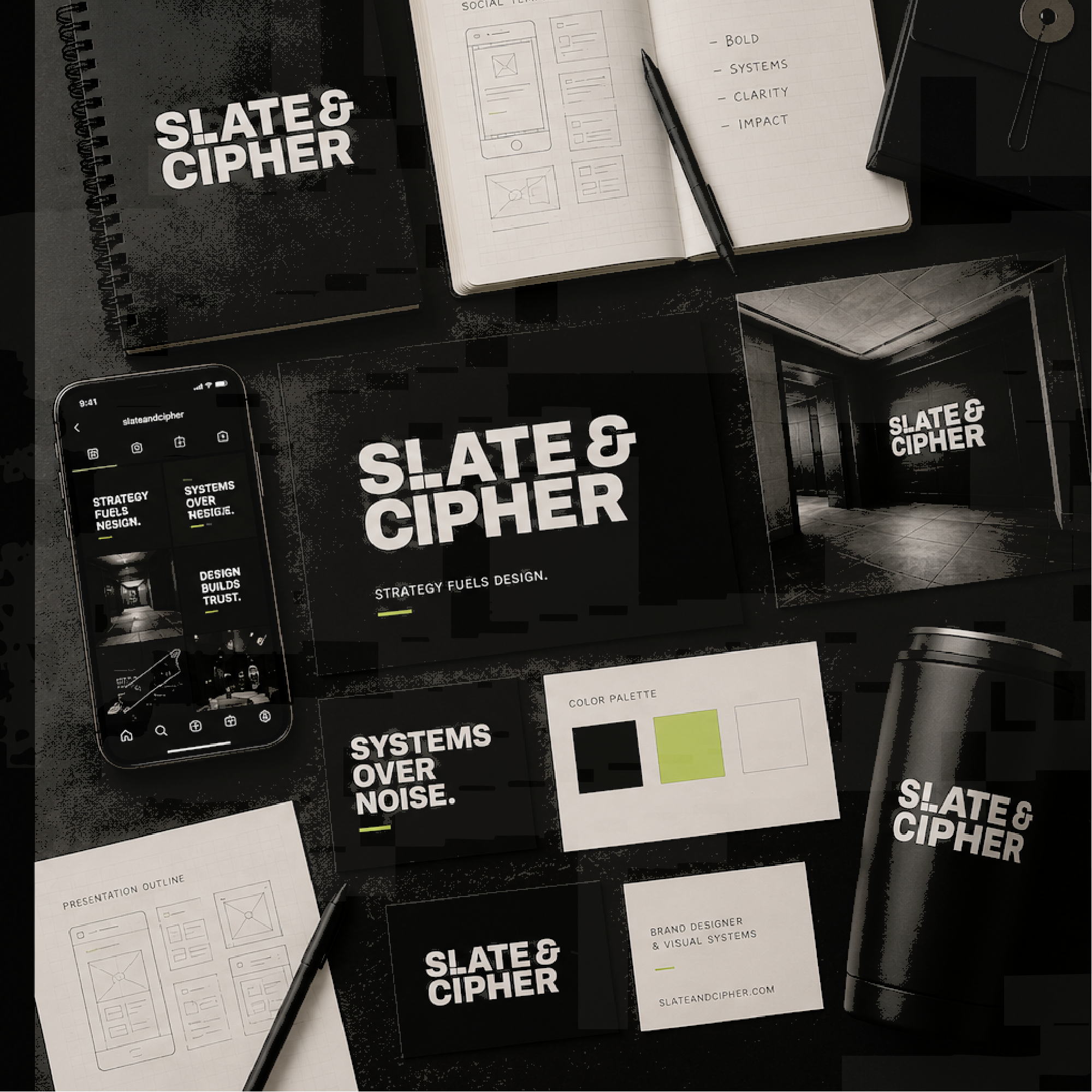 A workspace with notebooks, a smartphone, a pen, and black boxes featuring the text 'Slate & Cipher' and design-related notes.