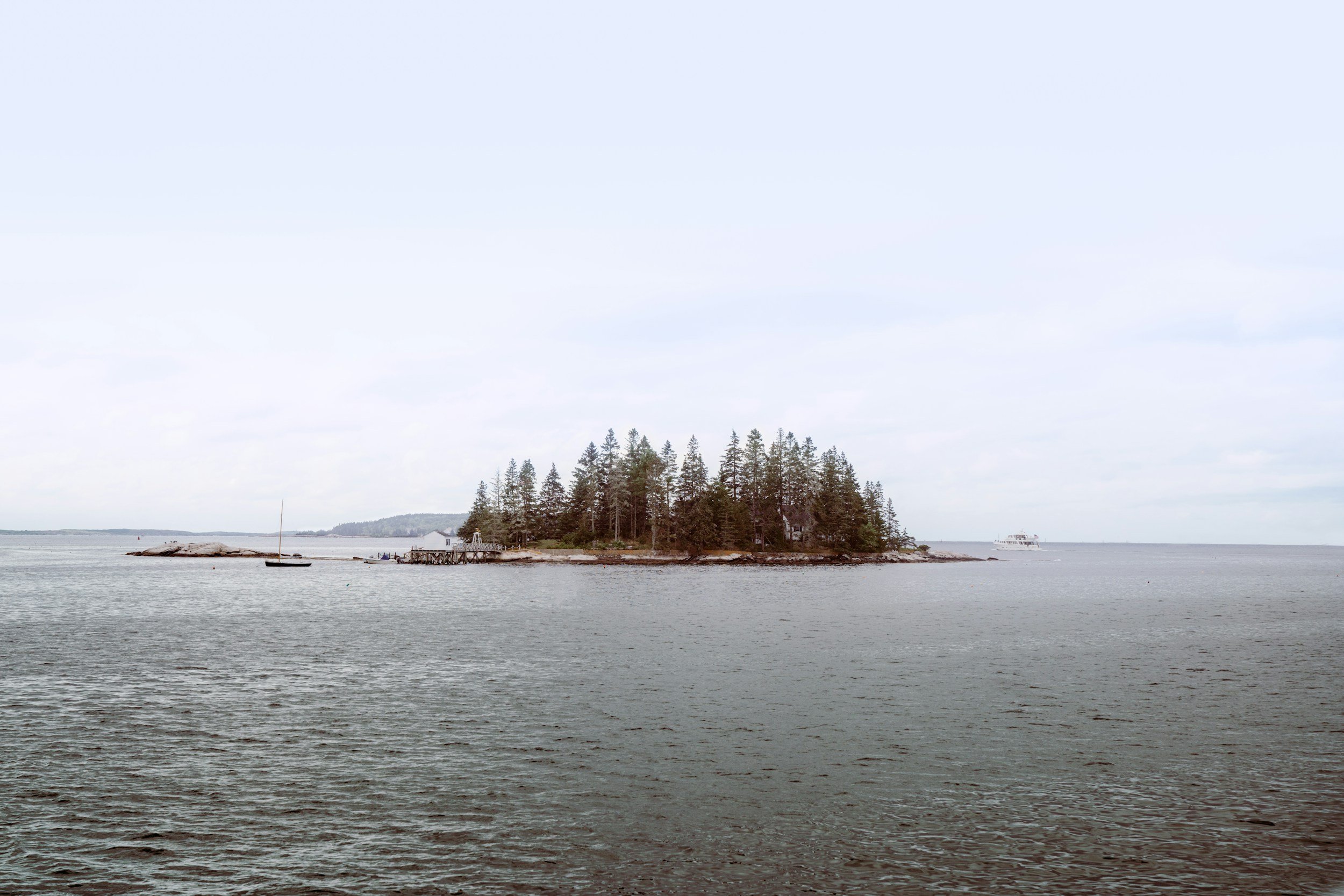 A small island covered with trees surrounded by water with a dock and boats in the background under a cloudy sky.