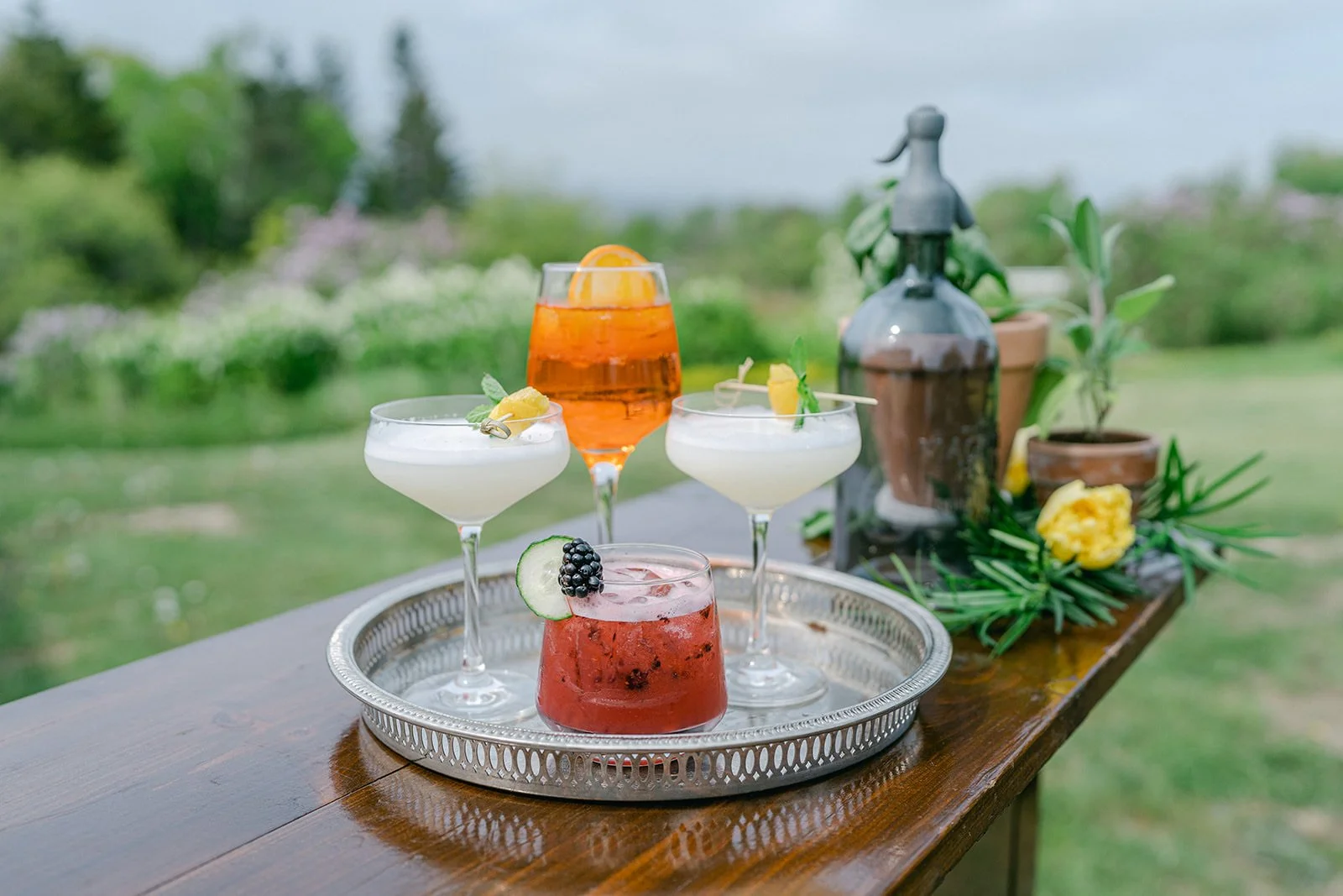 An outdoor table with four colorful cocktails on a silver tray and a bottle of liquor surrounded by potted plants, against a blurred green landscape.