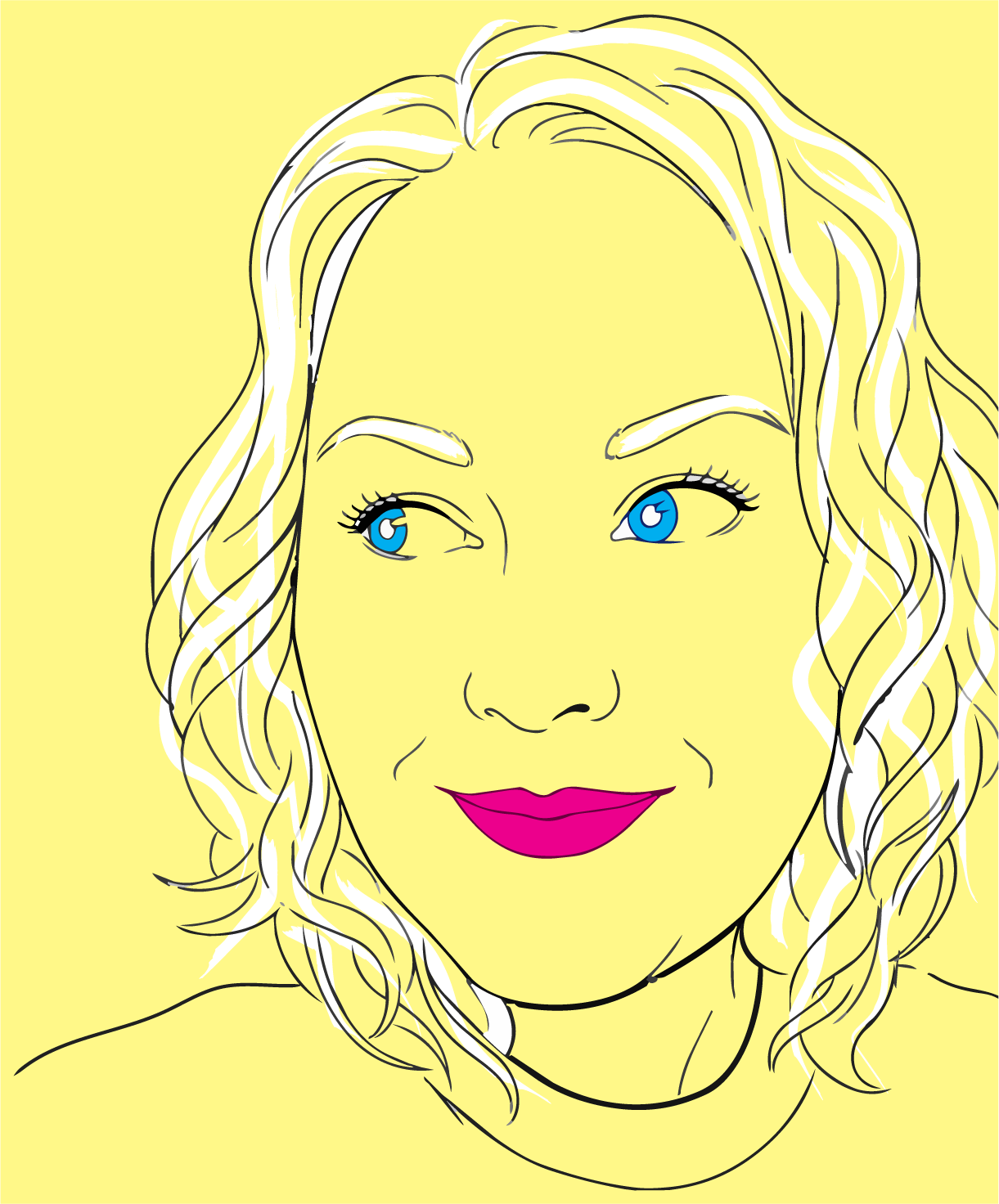 A line drawing of Aurora Northstarr with blond, curly hair, blue eyes, and pink lipstick, set against a yellow background.