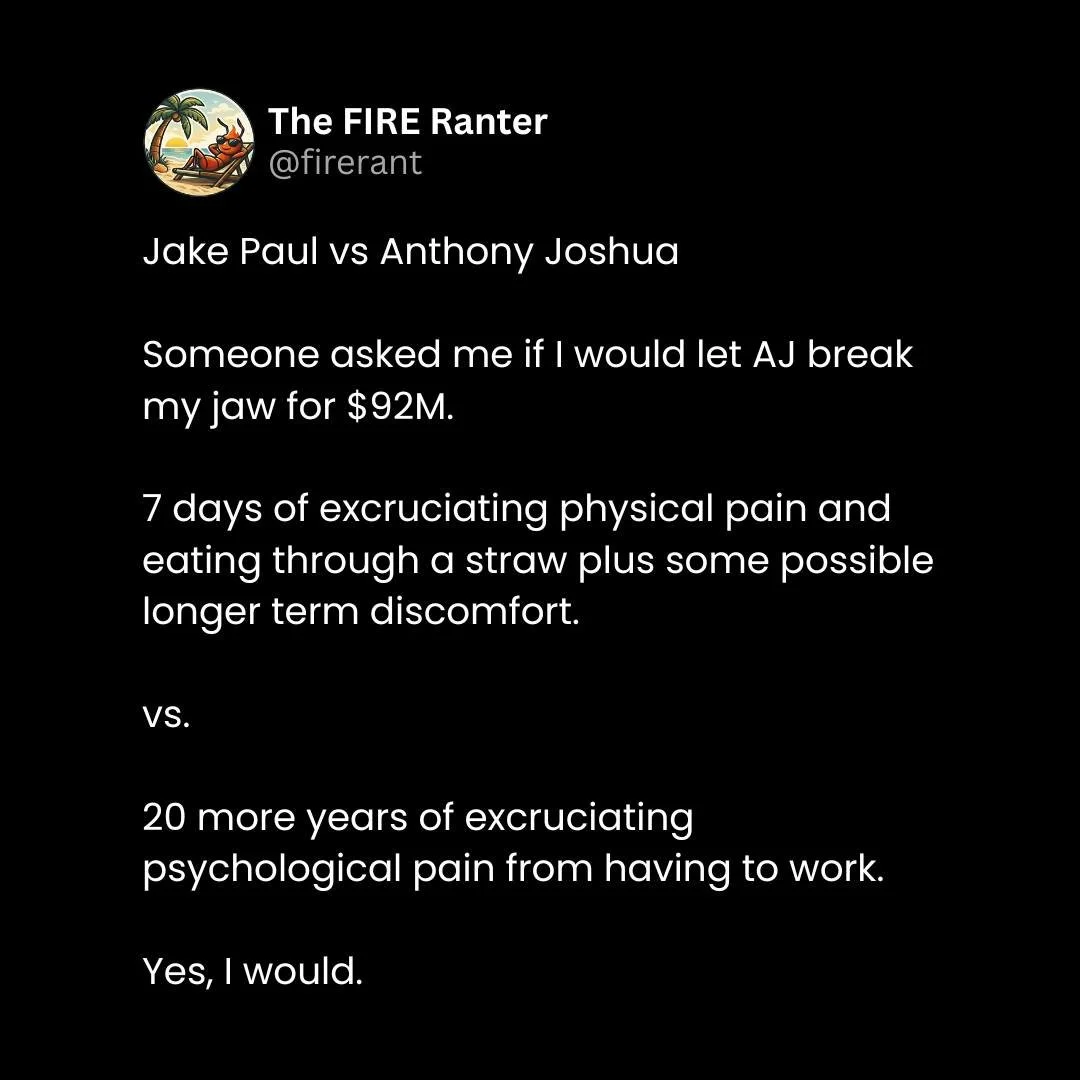 I'm not a tough guy, but FIRE is my north star and if a broken bone gets me there instantly, I would get in that ring with no hesitation. 

This assumes his punch doesn't kill me immediately.

Get that bag, boys.

#jakepaul #anthonyjoshua #paulvsjosh
