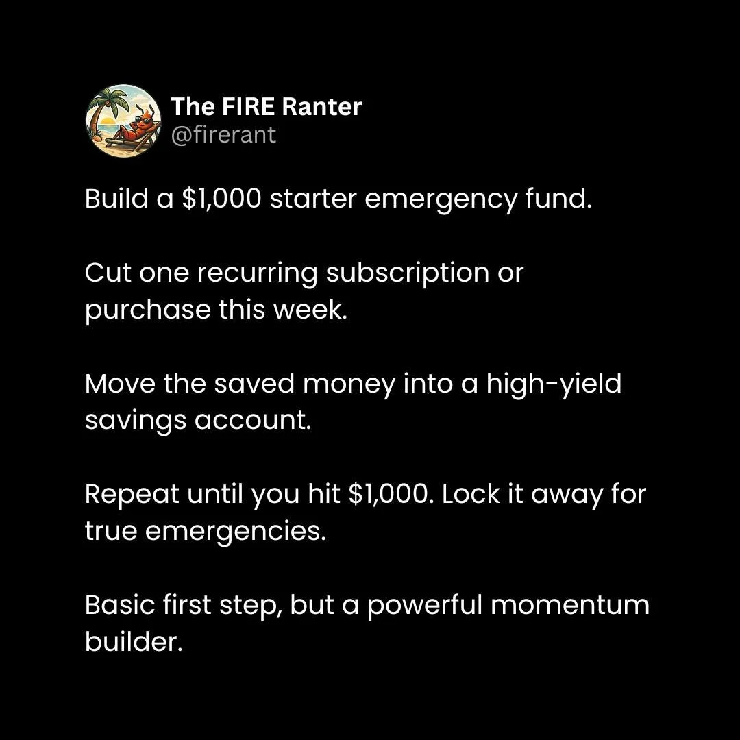 Focus your efforts to meet this objective. It is as much a psychological win as it is a protective barrier between your pursuit of FIRE and life's curve balls. 

#personalfinance #financialfreedom #financialindependence #FIREmovement #FIRE #moneygoal