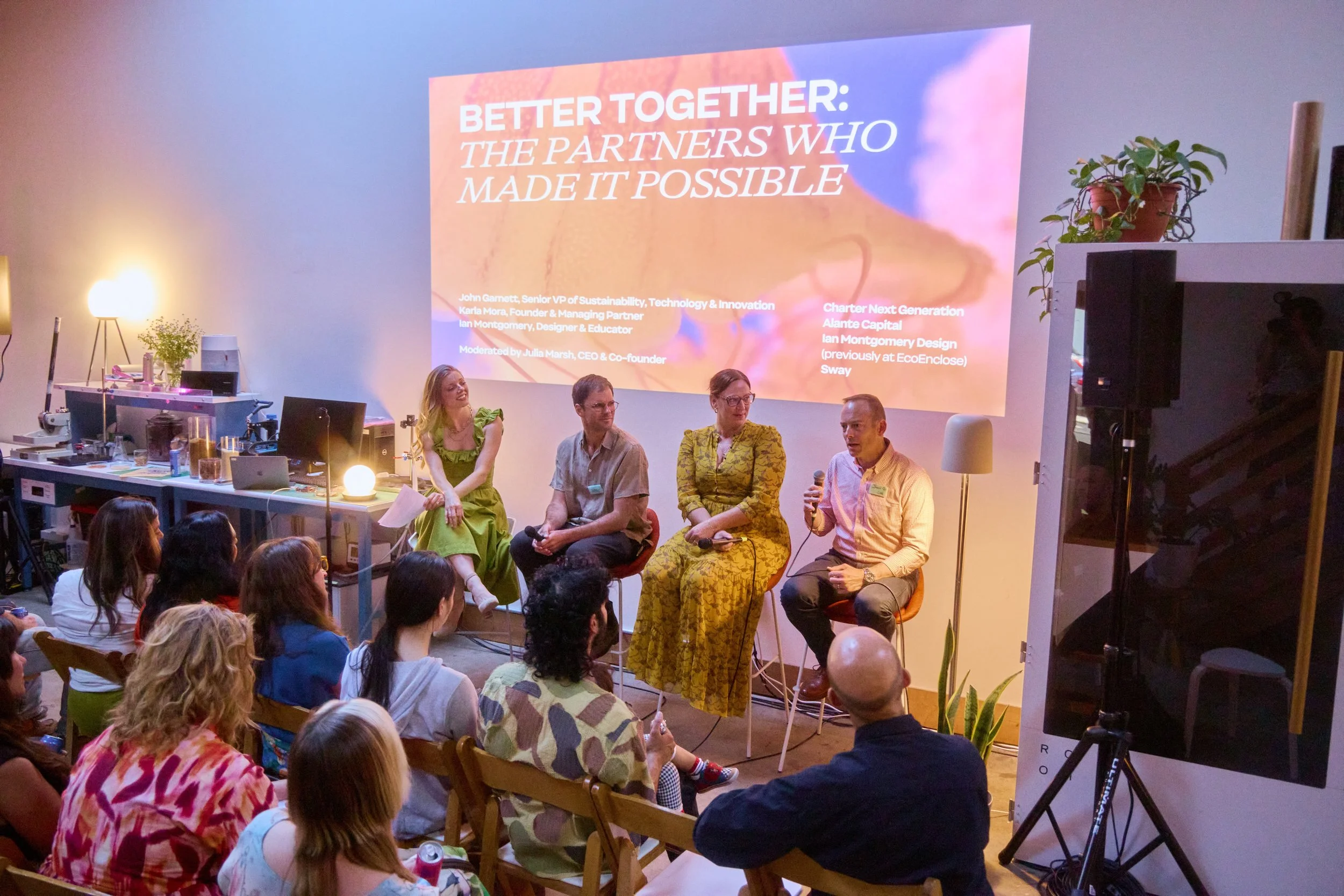 Panelists from plastic-reduction companies, investors, and Sway's founder speak on stage at "Better Together: The Partners Who Made It Possible," a discussion on sustainability partnerships and circular-economy solutions.