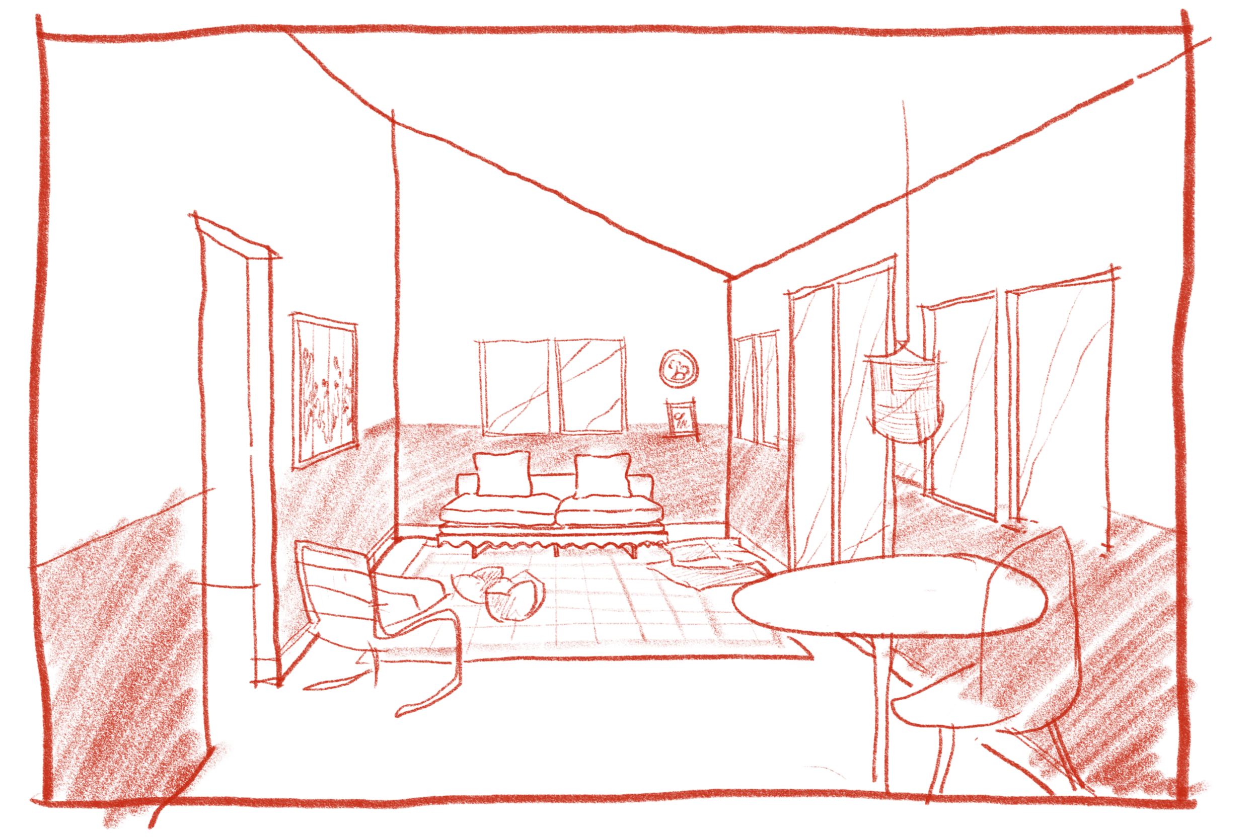Hand-drawn concept sketch of an ADU living room with open-plan seating, dining area, and pendant lighting — residential interior design by Kit Studio, La Cañada Flintridge