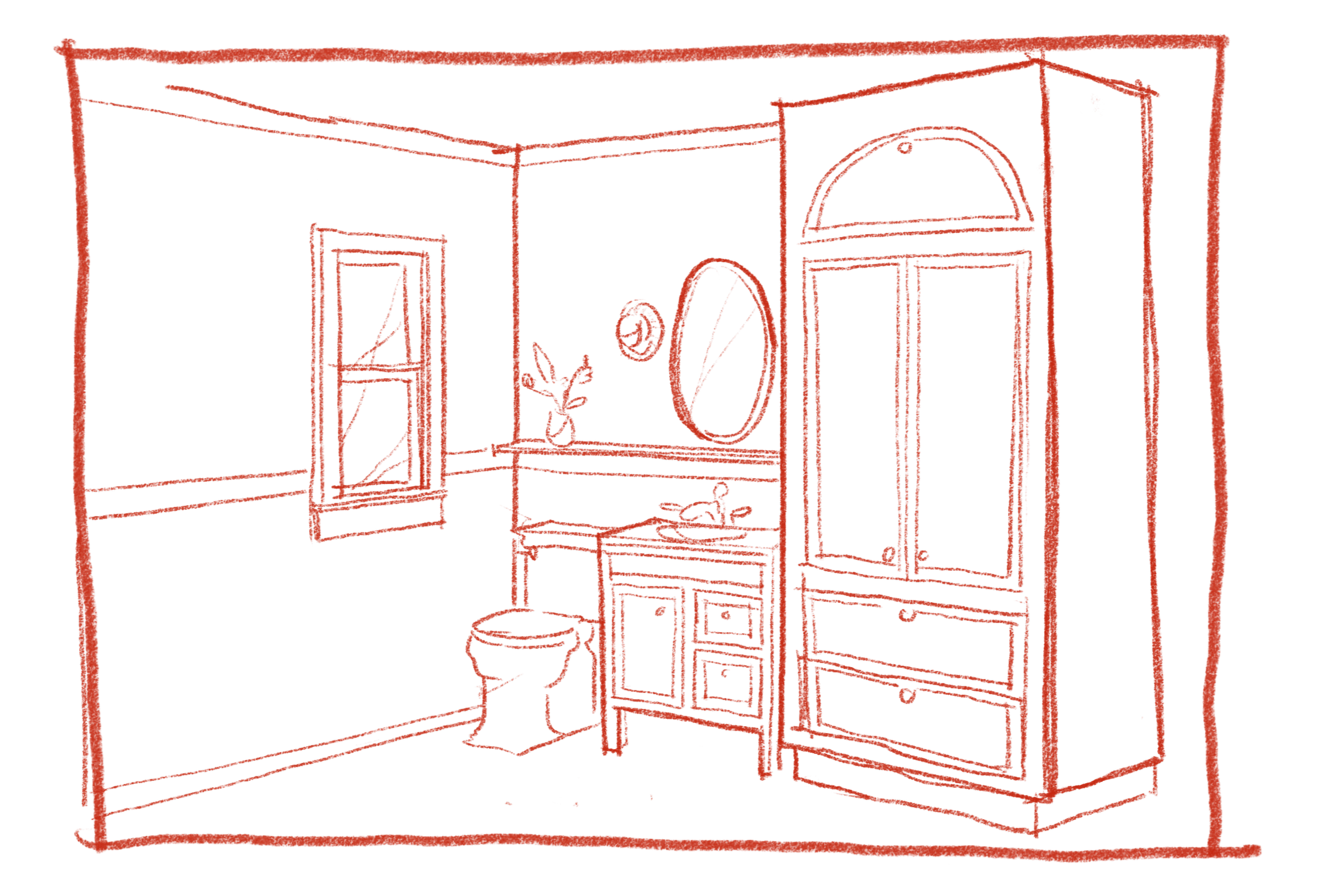Hand-drawn concept sketch of an Elmwood cottage bathroom with oval mirror vanity, built-in cabinetry, and classic fixtures — residential interior design by Kit Studio, Oakland