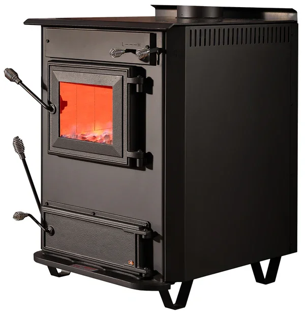 Black pellet stove with glass door showing orange flames inside, two metal handles, and vents on top and sides.