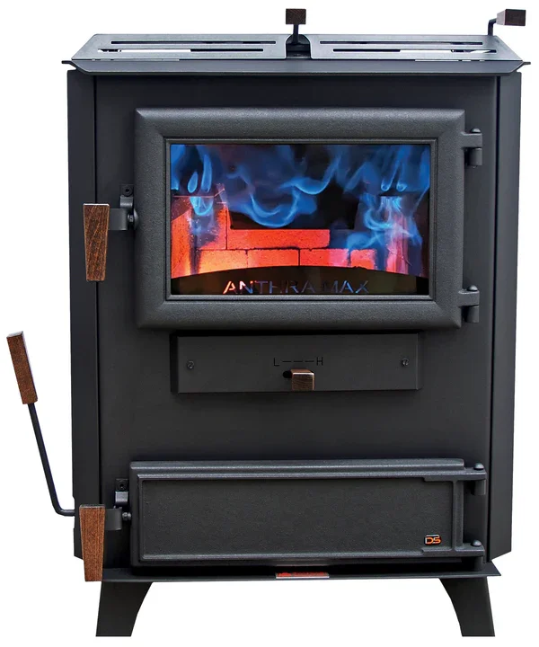 Black wood stove with glass door showing blue flames inside, control lever below the door, and wooden accents on sides.