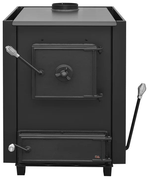 Black wood stove with metal handles and a round vent on top