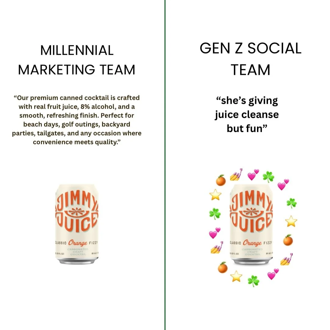 millennial detail vs. gen z vibe. either way, you&rsquo;re getting Jimmy&rsquo;d 🍊 

#jimmyjuice #cannedcocktails #genzmarketing #realjuice #drinklocal