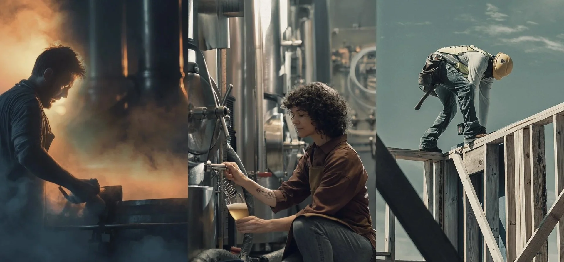 Workers in a distillery, brewery, and construction site representing hands-on business operations on Vancouver Island.