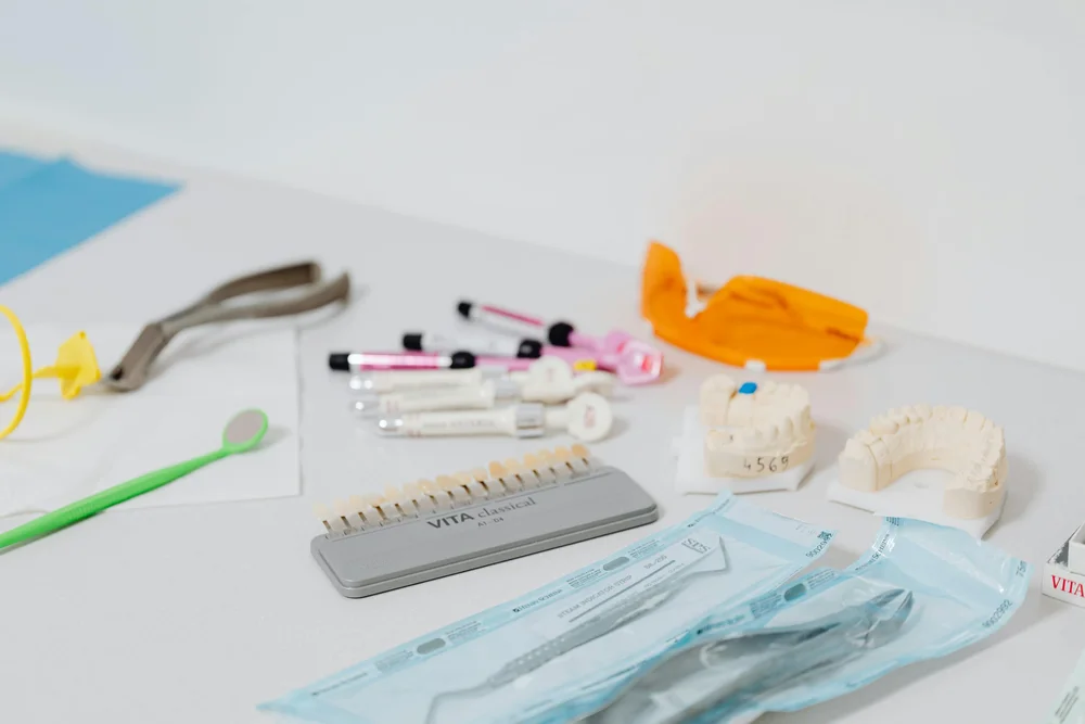 Dental materials and tools on a table
