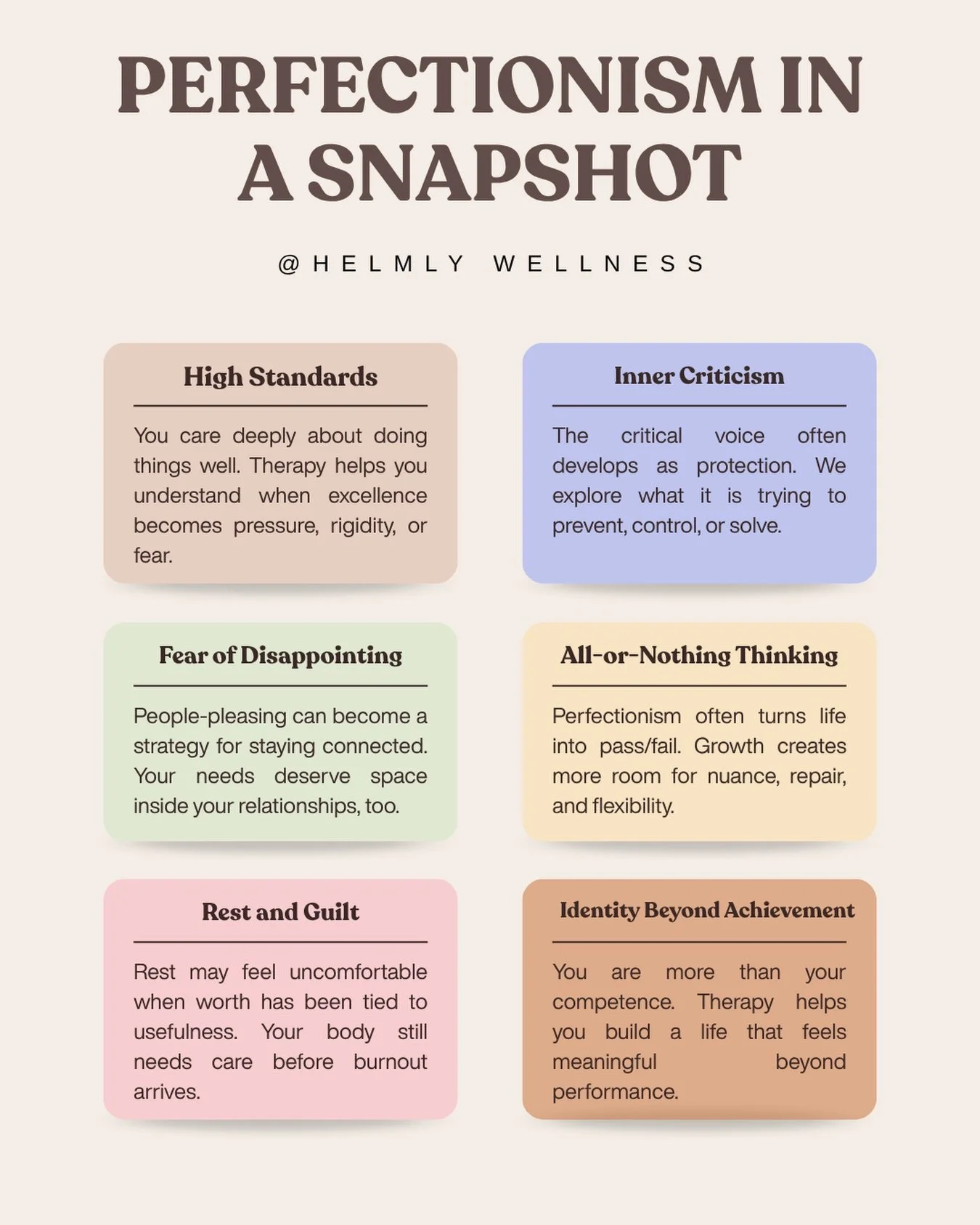 Perfectionism can look polished from the outside: responsible, thoughtful, capable, prepared.

Inside, it can feel like constantly monitoring yourself for mistakes, disappointing people, falling behind, or losing the version of yourself that everyone