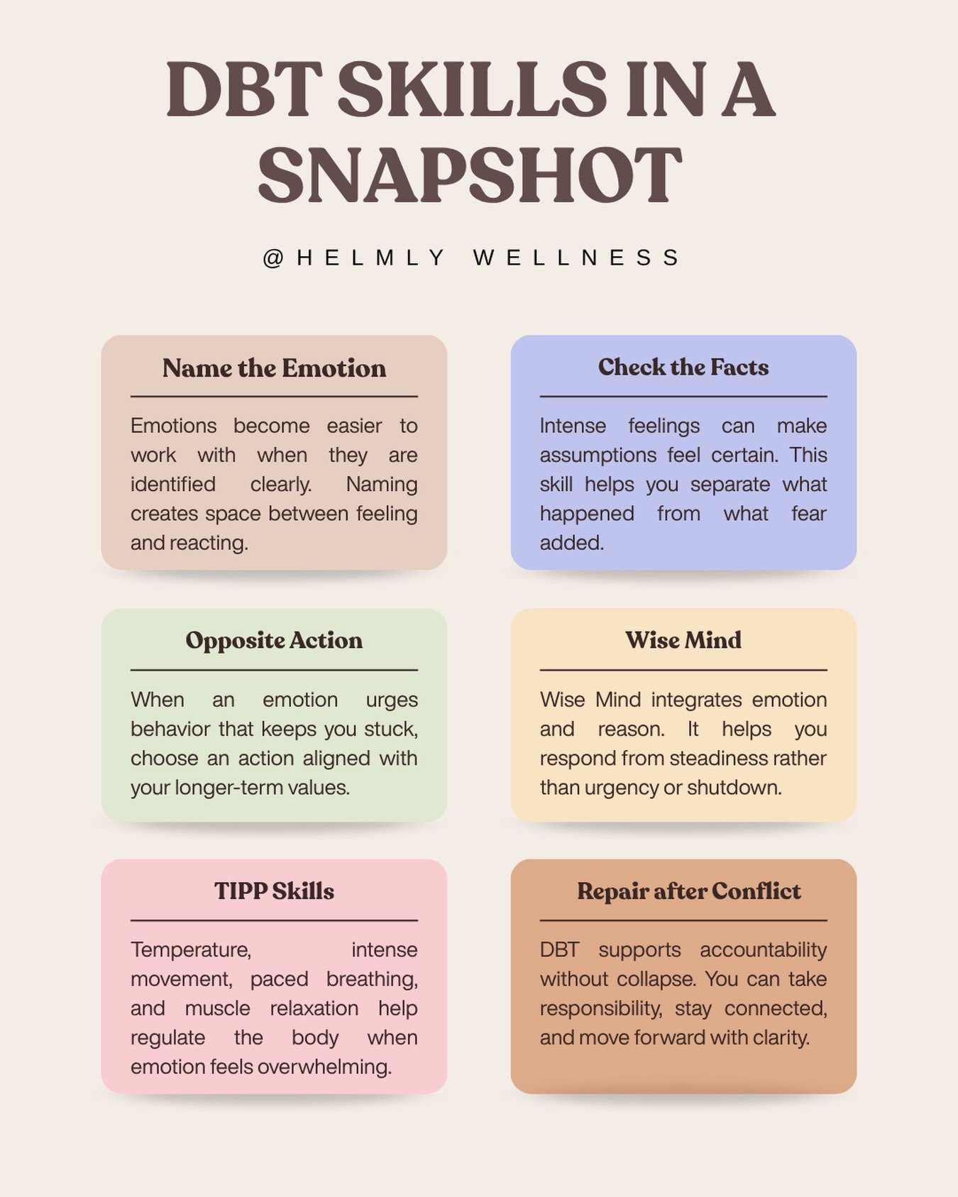 DBT skills can be incredibly useful when emotions feel too fast, too intense, or too difficult to organize in the moment.

These skills offer language and structure for understanding what is happening internally, regulating the body, checking assumpt
