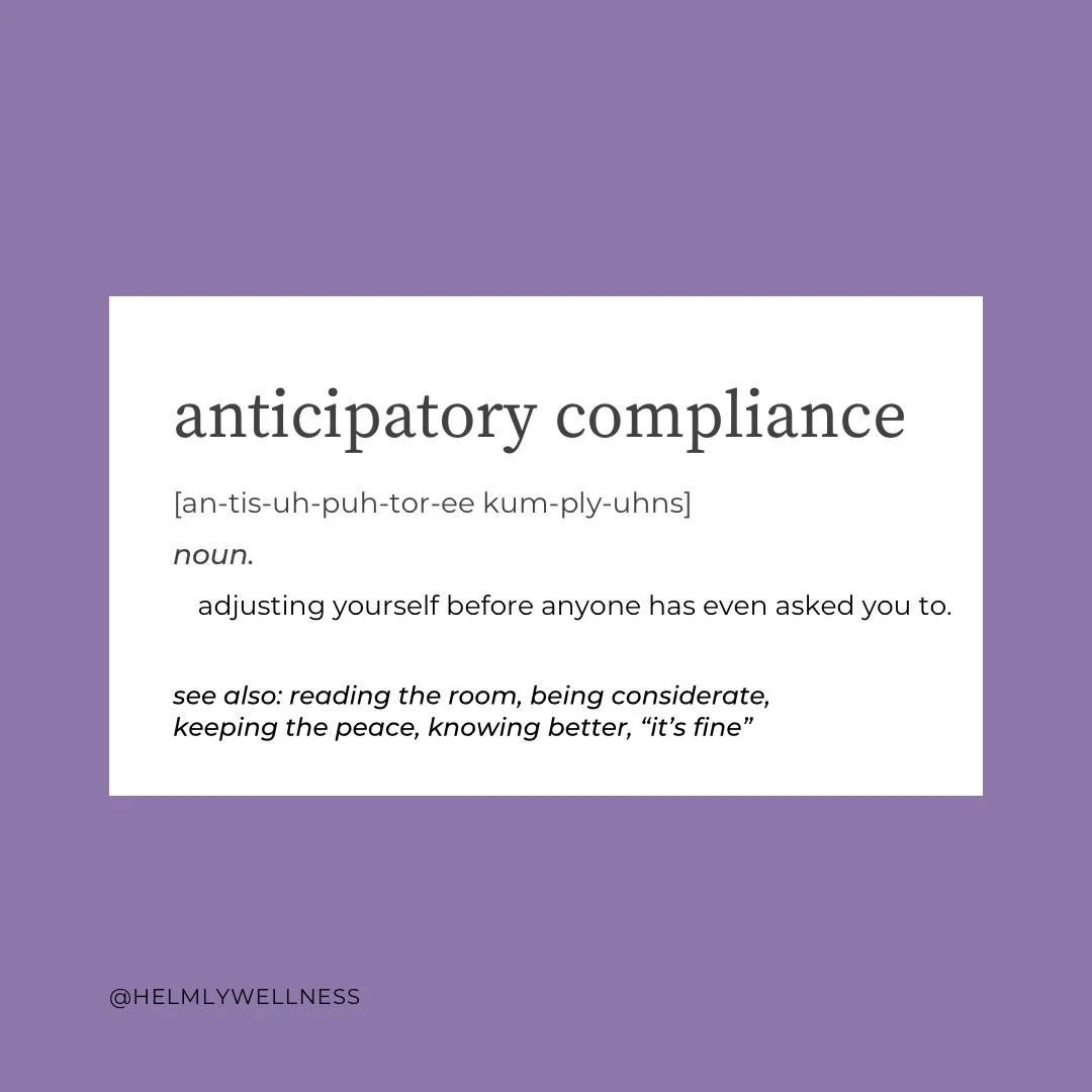 Anticipatory compliance is the quiet calculation that happens before you speak, ask, choose, rest, disagree, or take up space.

You may notice someone else&rsquo;s preference before it is named. You may soften your truth before it is received. You ma