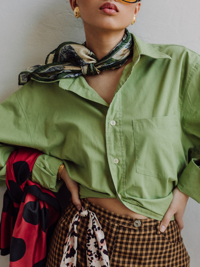 woman in green button up shirt