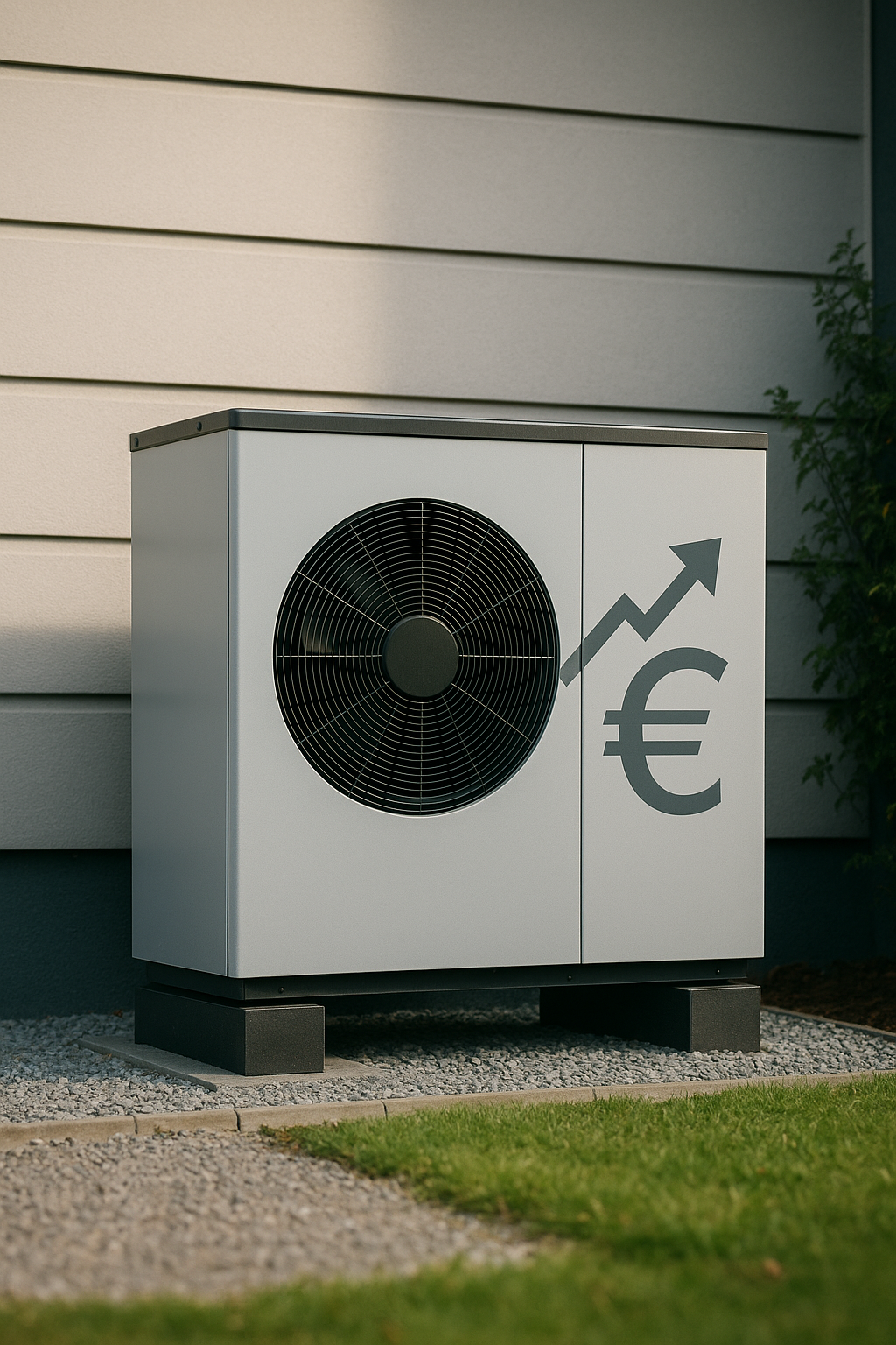 Außen-Klimagerät oder Heizgerät mit einem Wirtschafts- und Wachstumssymbol auf der Tür, das eine steigende Kurve, einen Euro und einen Pfeil nach oben zeigt.