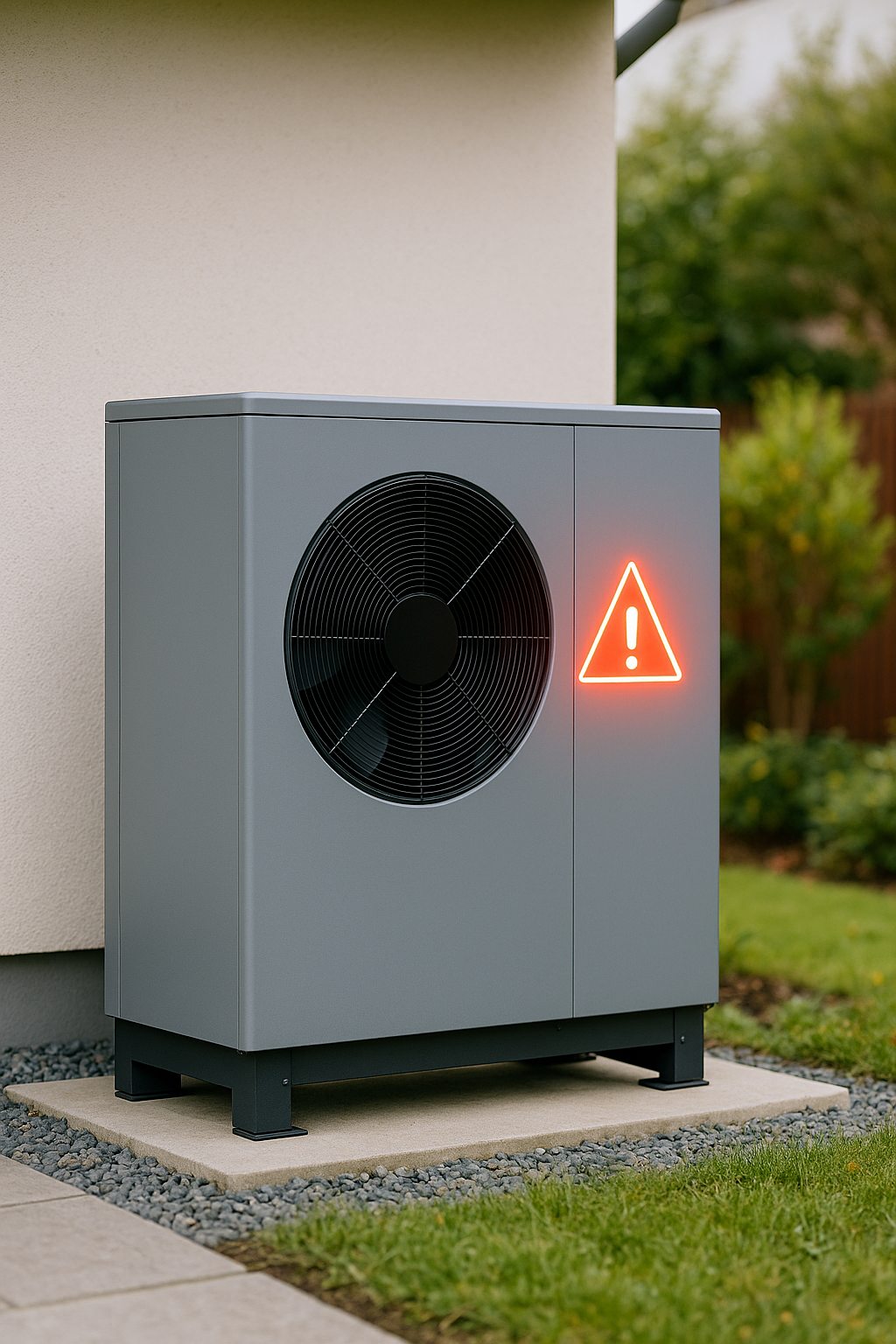 A gray outdoor air conditioning unit with a warning light illuminated on the side, situated on a concrete platform beside a building.