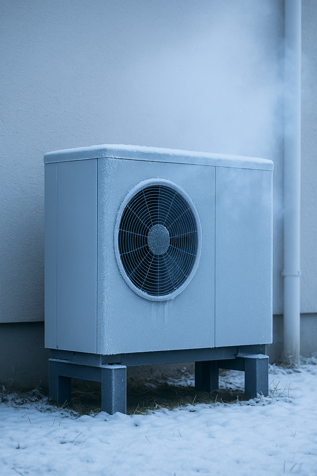 Eine Klimaanlage im Freien mit vereistem Gehäuse, stehende auf einem Fundament, vor einer weißen Wand mit einer Wasserleitung.