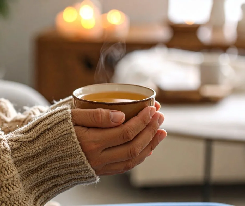 Person wearing a cozy knit sweater holding a steaming cup of tea or coffee indoors, blurred background with warm lighting.