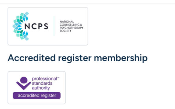 NCPS logo for the National Counselling and Psychotherapy Society, an accreditation badge from the Accredited Register Authority, and text indicating 'Accredited register membership'.