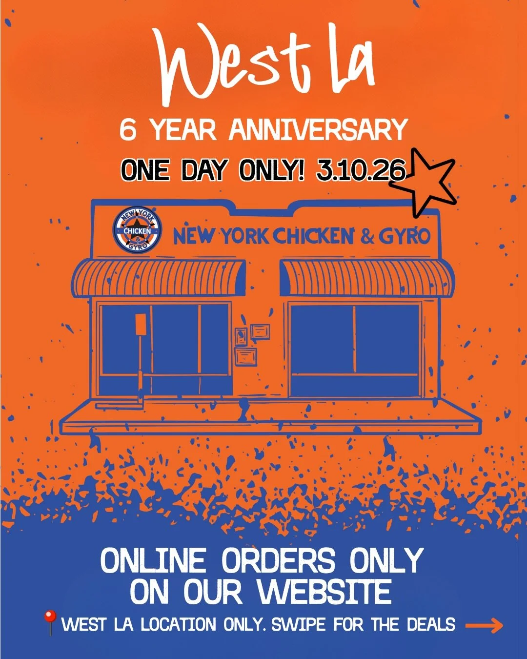 WEST LA, WE&rsquo;RE TURNING 6!🎂🥳 
To celebrate, we&rsquo;re bringing back a fan-favorite deal for ONE DAY ONLY 👇🏼

🥙 $8 Gyros
🍽️ $10 Platters

📅 Tuesday, 3/10/26
📍 West LA &ndash; inside @colony_la 
11419 Santa Monica Blvd

🚀 Online orders 