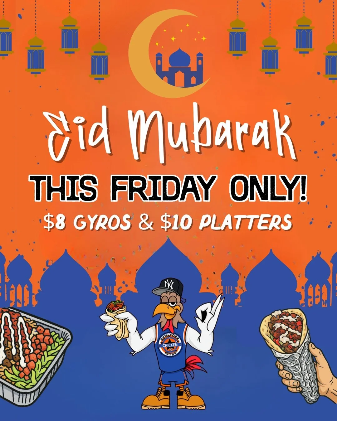 EID Mubarak 🌙✨ THIS FRIDAY, come celebrate with us at New York Chicken &amp; Gyro. Available at all locations in-house + online for pickup!

📍 WEST LA: *Website orders ONLY*
🛍️ Pickup only

Mark your calendars and come celebrate with us💙

#eid #h